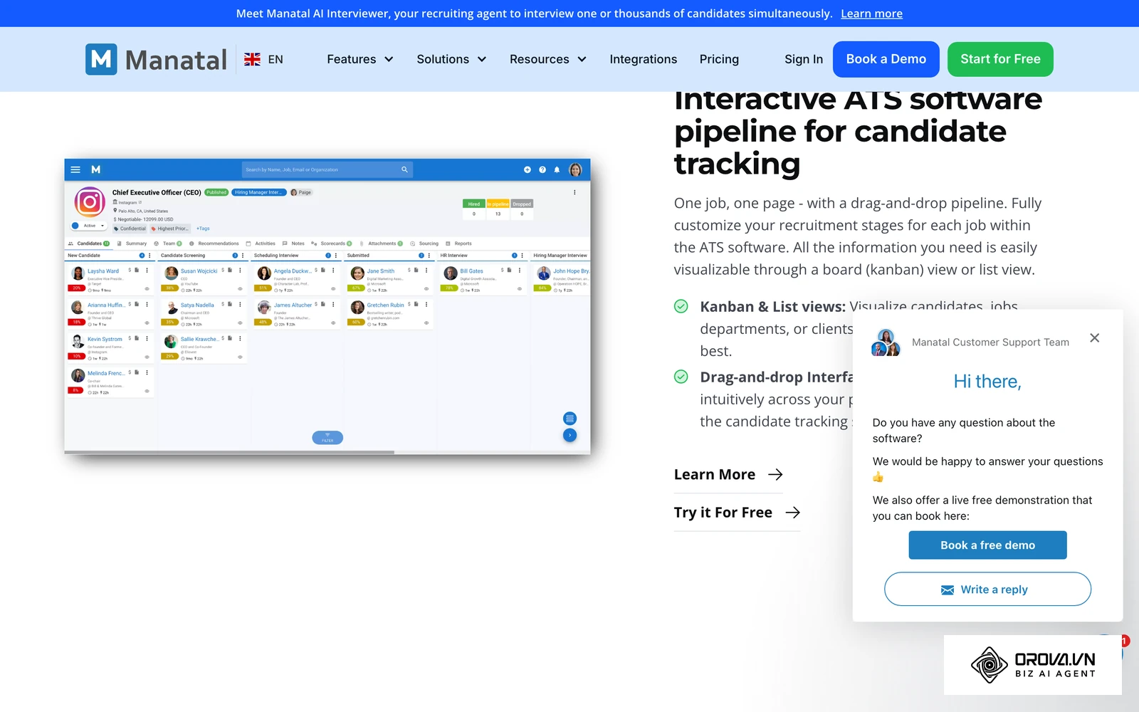 The ATS side of the hand-off: Manatal's job pipeline with candidates moving through interview stages (screenshot from Manatal's public ATS feature page).