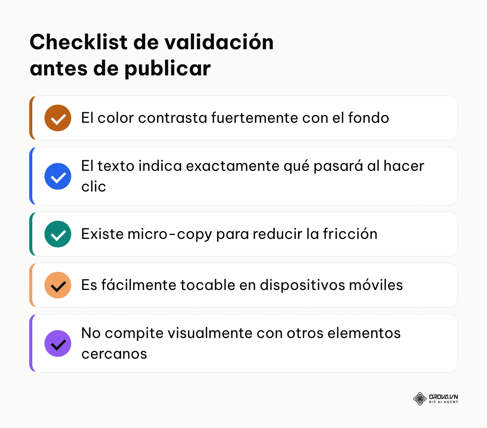 Lista de cinco puntos para verificar la calidad de un CTA antes de lanzar una campaña.