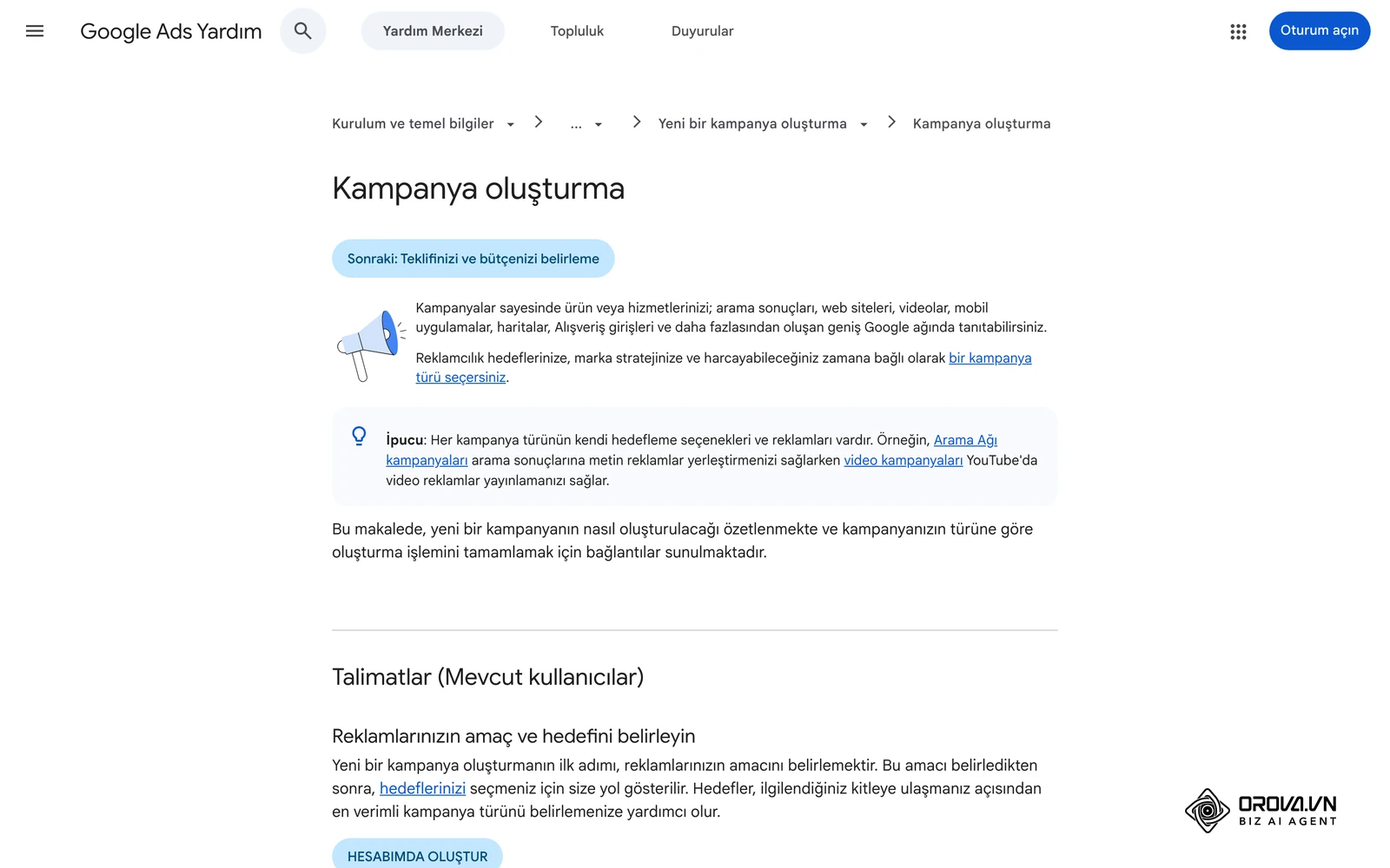 Google Ads Yardım Merkezi'nin Türkçe "Kampanya oluşturma" sayfası: yeni kampanya akışının resmi anlatımı.