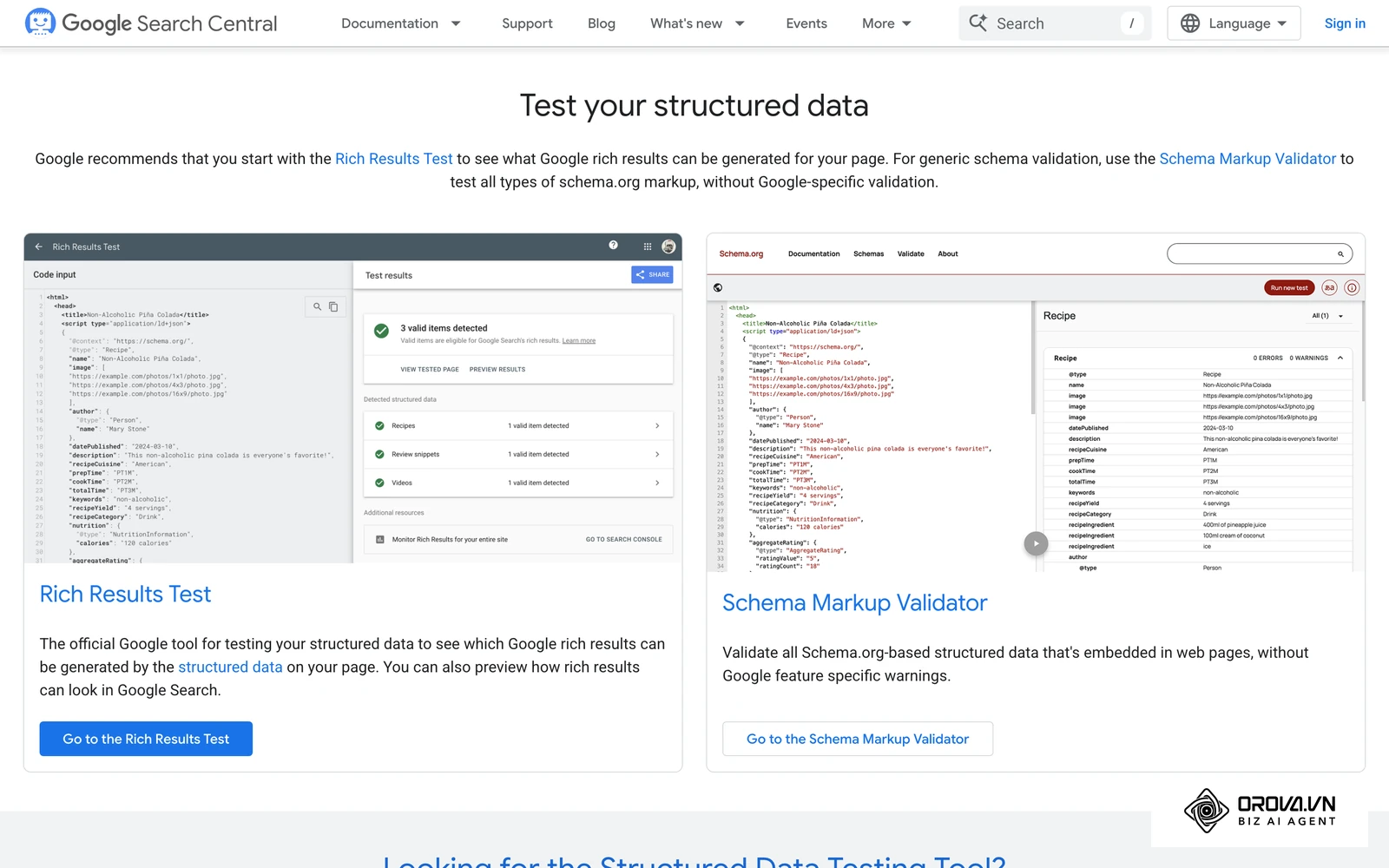 Google Search Central page for testing structured data with the Rich Results Test and the Schema Markup Validator.