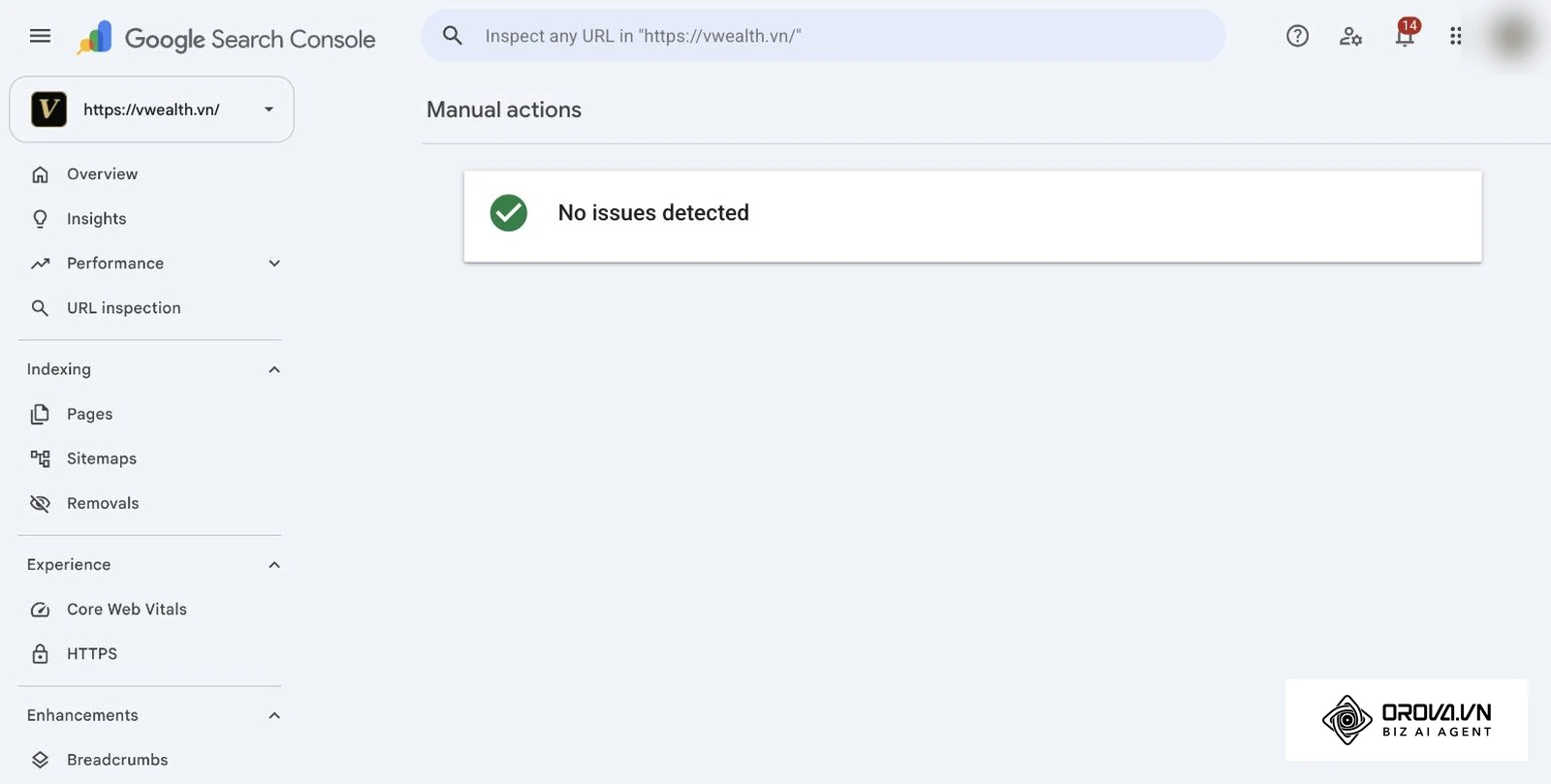 Mục Tác vụ thủ công trong Google Search Console của vwealth.vn báo Không phát hiện vấn đề