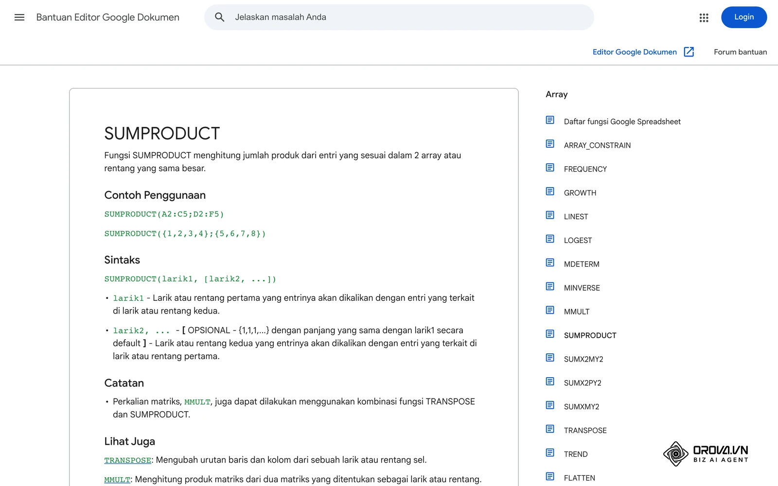 Halaman bantuan resmi Google Spreadsheet untuk fungsi SUMPRODUCT, rumus yang mengalikan nilai dengan bobot lalu menjumlahkannya.