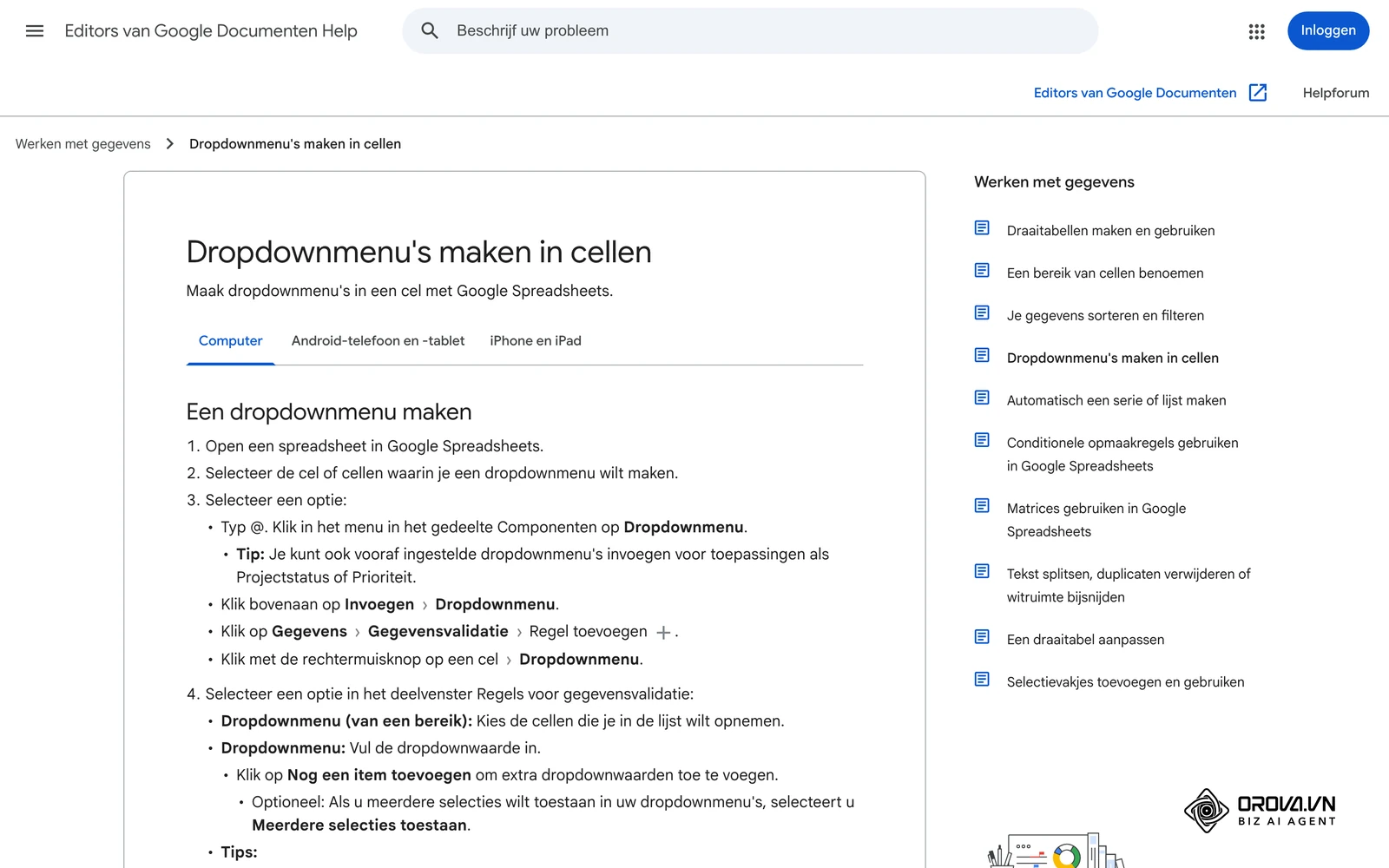 Officiële helppagina van Google «Dropdownmenu's maken in cellen»: zo maak je de kolom Status met vaste waarden als Idee, Concept en Goedgekeurd.