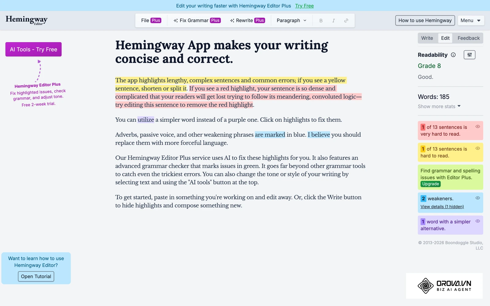 កម្មវិធីកែសម្រួល Hemingway Editor លើគេហទំព័រផ្លូវការ បន្លិចប្រយោគពិបាកអាន និងពាក្យស្មុគស្មាញដោយពណ៌