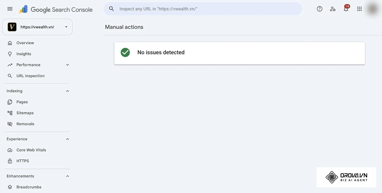 Informe Acciones manuales de Google Search Console de vwealth.vn con el mensaje No issues detected