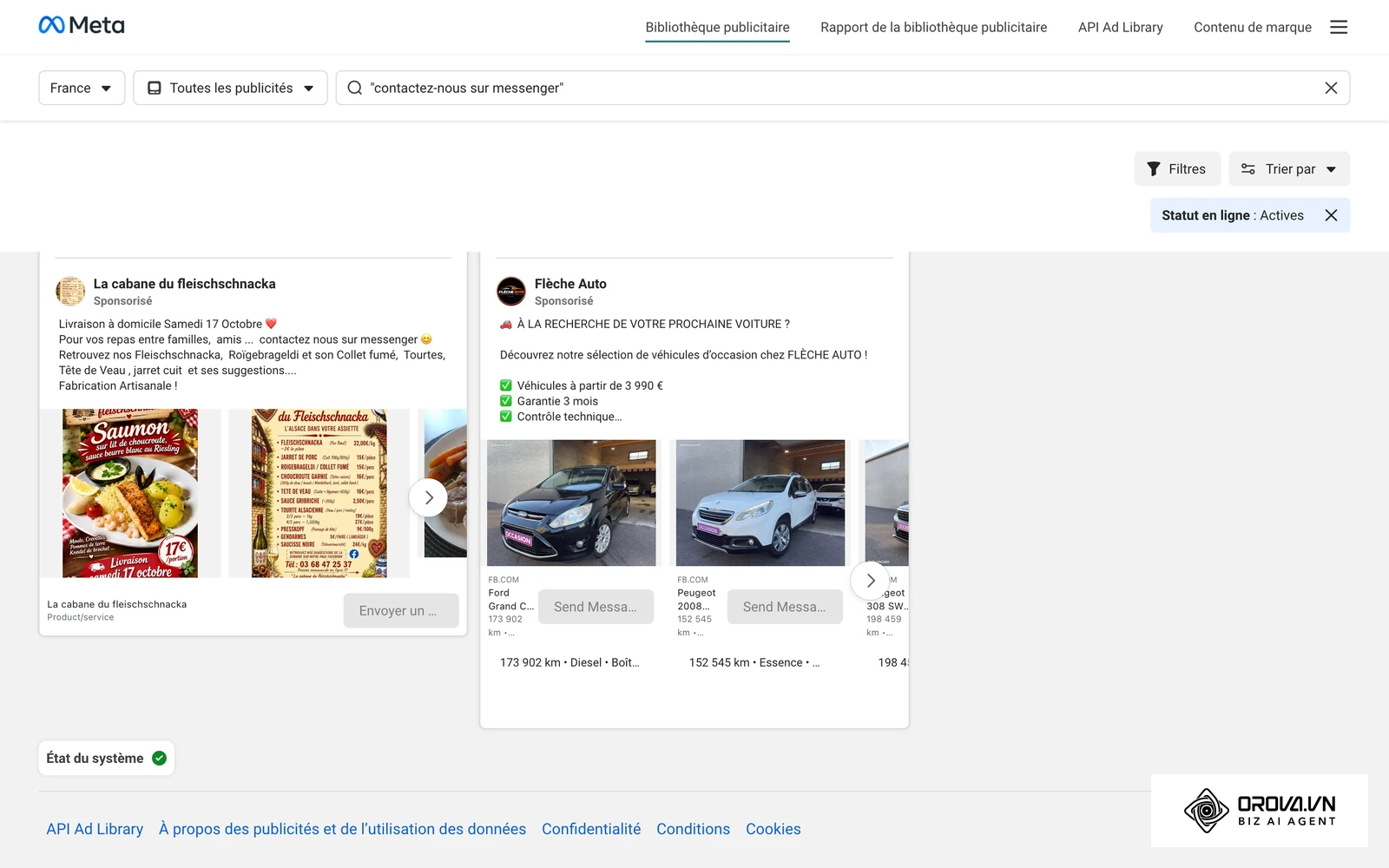Bibliothèque publicitaire de Meta : annonces de commerces locaux en France invitant à les contacter sur Messenger, bouton Envoyer un message.