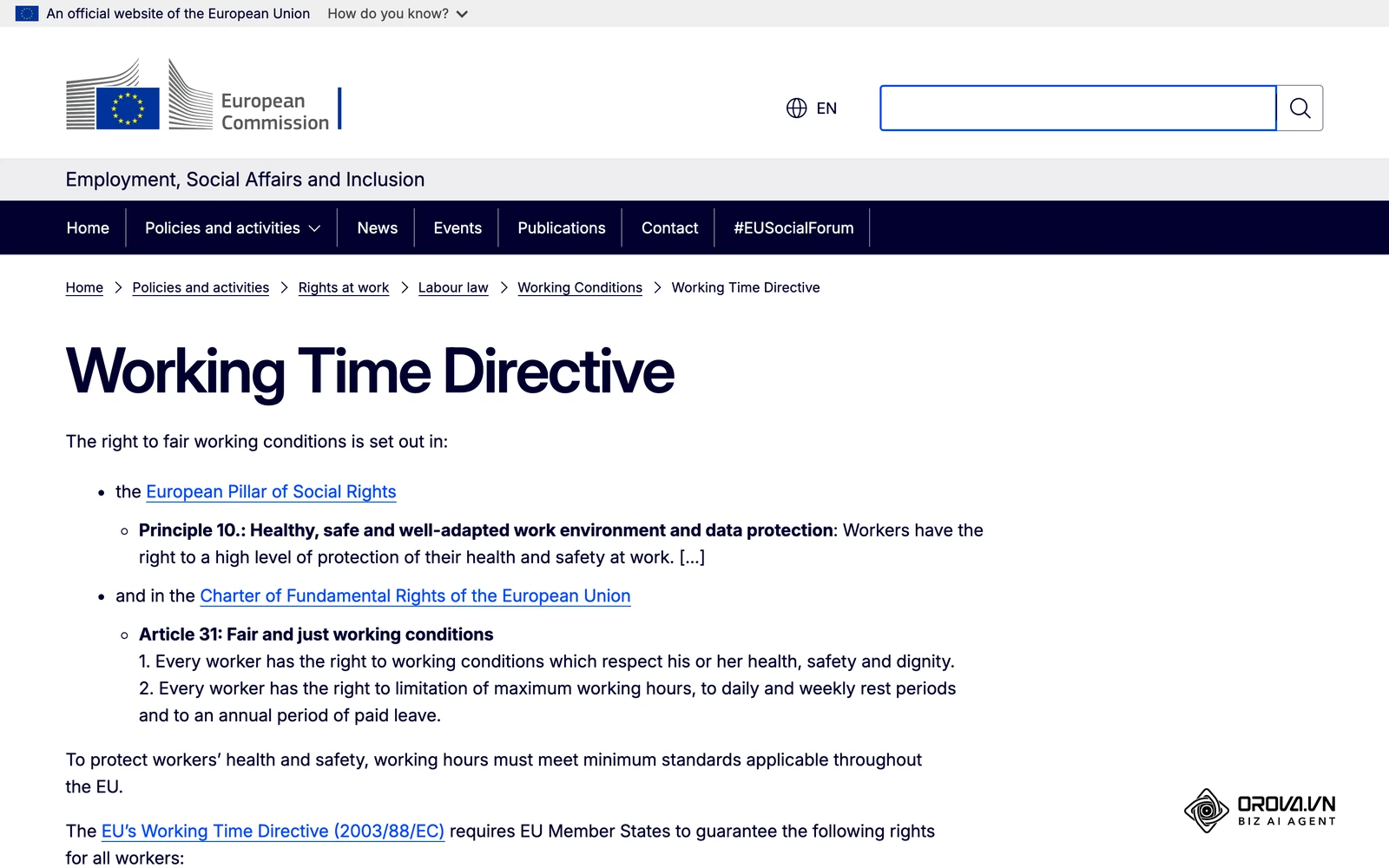 European Commission page on the Working Time Directive, which sets minimum daily rest and average weekly working time limits in the EU.