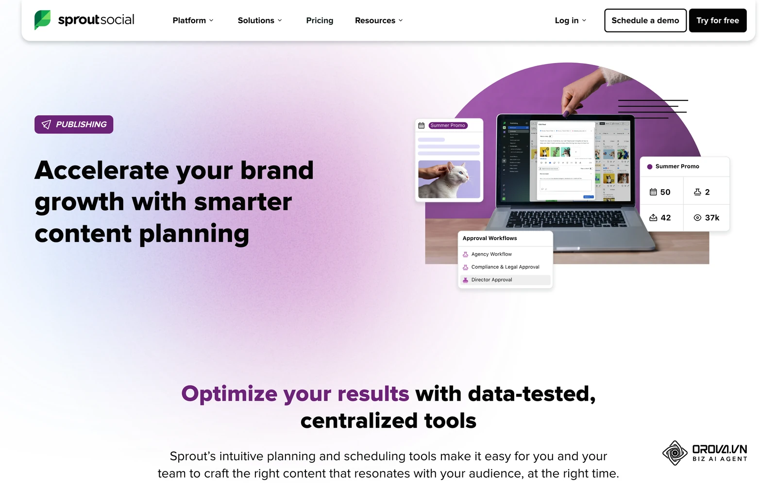 Sprout Social's publishing page showing its content planning screens, including a campaign card and an approval workflow panel.