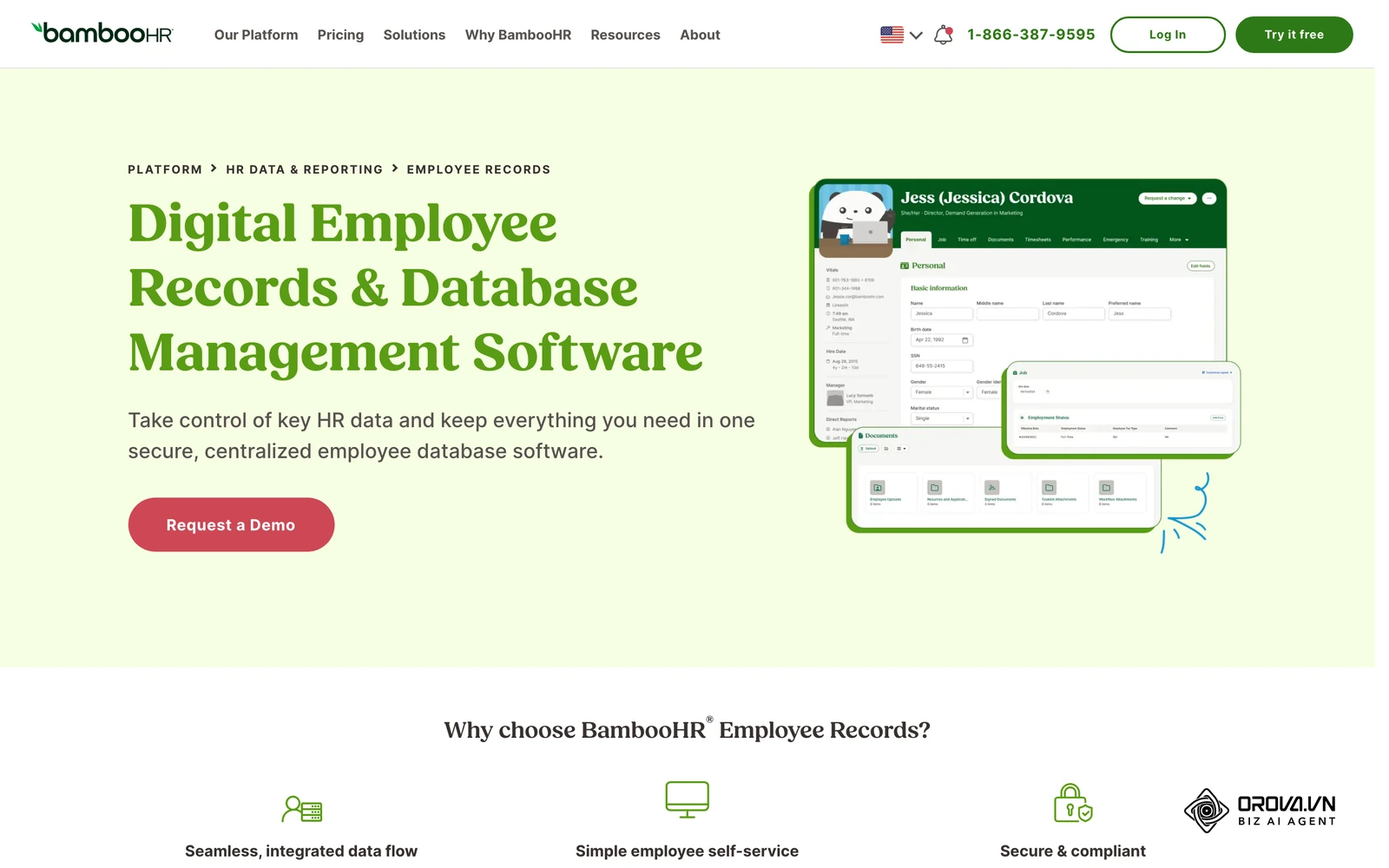 BambooHR's official employee records page, where a hired candidate's data lands after the hire action.