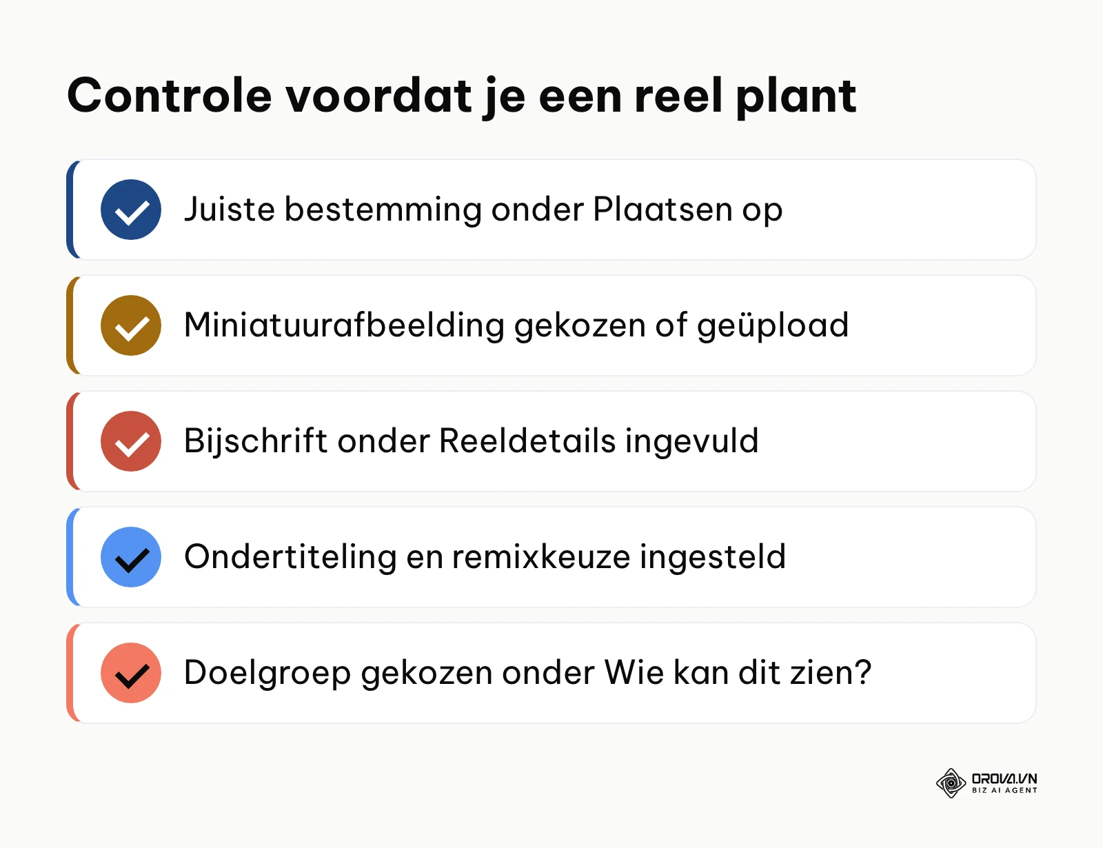 Checklist met vijf controles voordat je een reel plant in Meta Business Suite