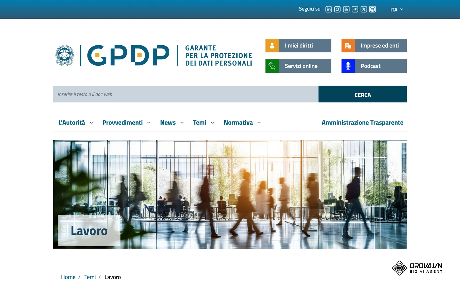 Pagina tematica "Lavoro" del Garante per la protezione dei dati personali, con i provvedimenti sul trattamento dei dati di candidati e dipendenti.