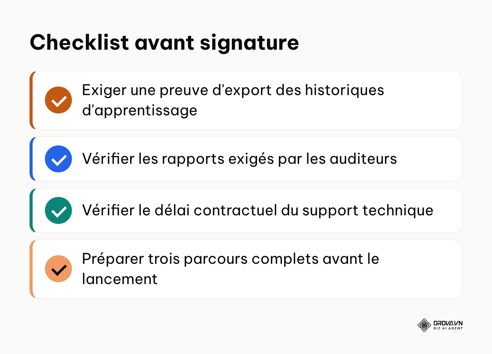 Liste des points de contrôle à vérifier avec le fournisseur