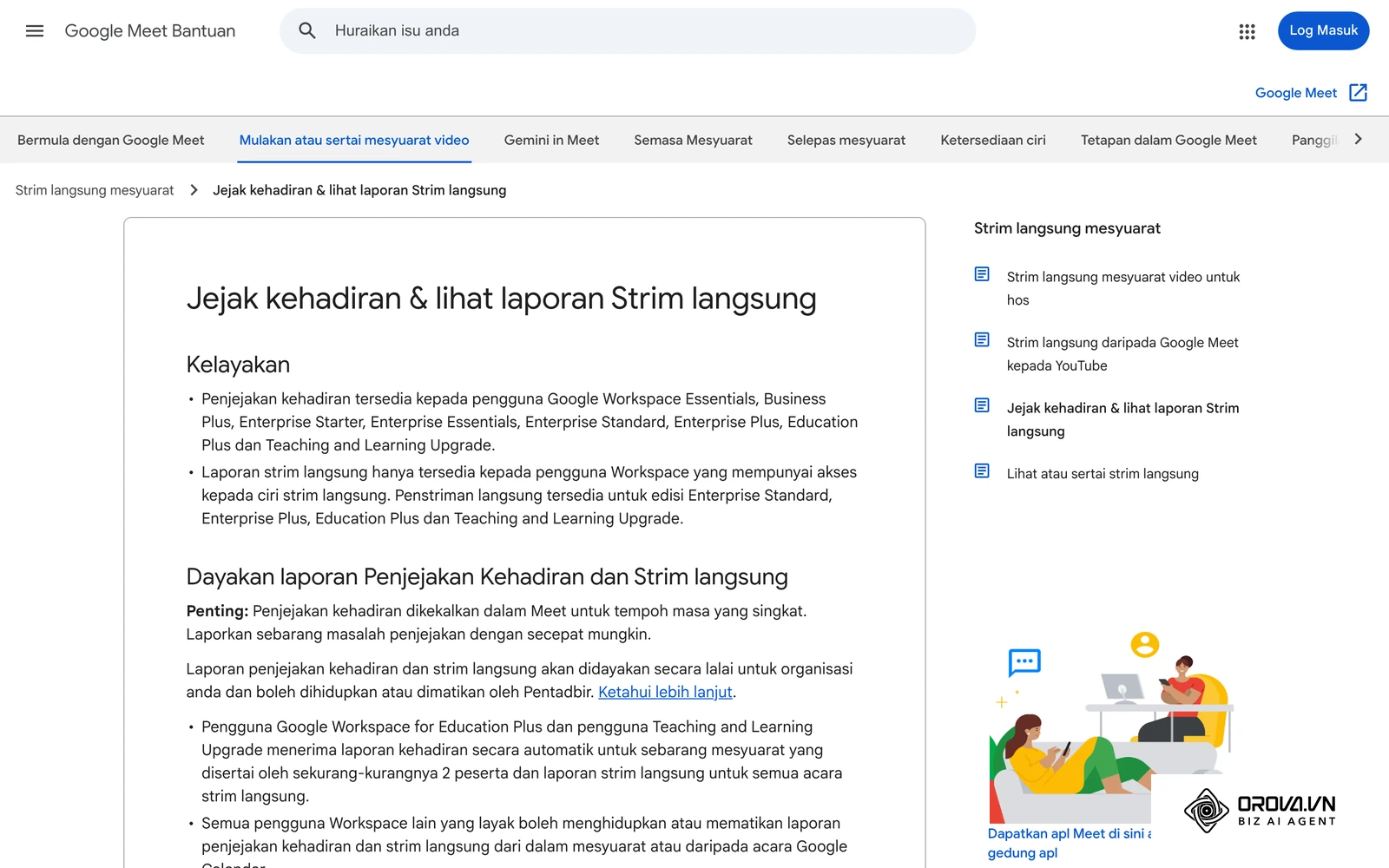 Halaman bantuan rasmi Google Meet (bahasa Melayu): Jejak kehadiran dan lihat laporan, termasuk edisi Google Workspace yang layak.