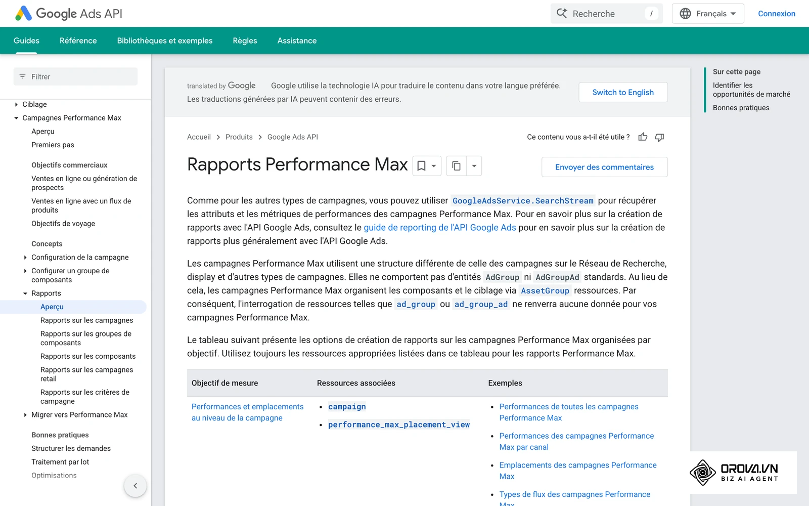 Documentation Google Ads sur les rapports disponibles pour Performance Max.