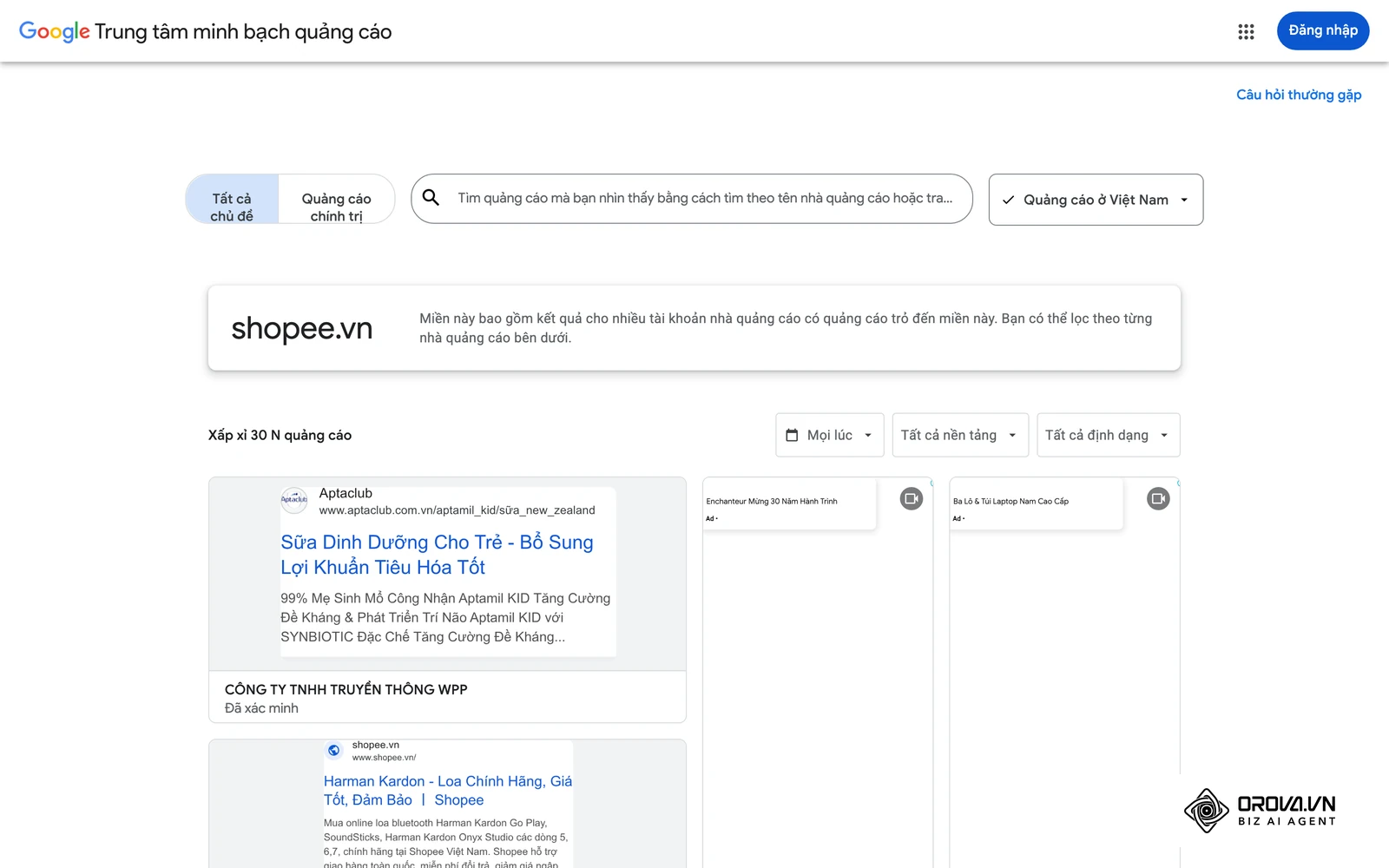 Trung tâm minh bạch quảng cáo Google: các quảng cáo thật một nhà quảng cáo đang chạy trên Google Tìm kiếm, YouTube và mạng hiển thị.