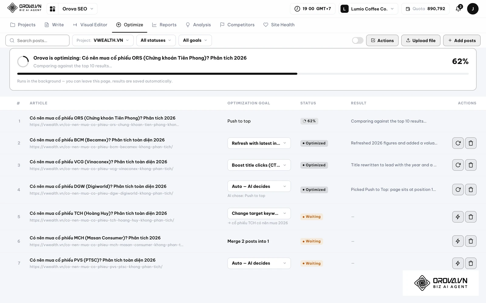 AI sẽ đọc kỹ nội dung bài cũ, đọc song song số liệu từ Search Console của chính URL đó, tiến hành viết lại dựa theo mục đích bạn chọn, và cuối cùng đăng đè lên đúng đường dẫn (URL) cũ.