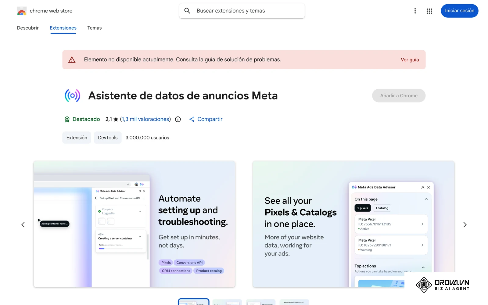 Ficha oficial en Chrome Web Store de la extensión de Meta (antes Meta Pixel Helper, hoy Meta Ads Data Advisor) con su panel que lista los píxeles detectados en una página