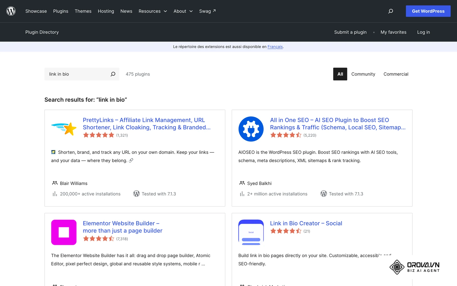 Résultats « link in bio » du répertoire officiel WordPress, avec des extensions de page de liens et de constructeur de pages.