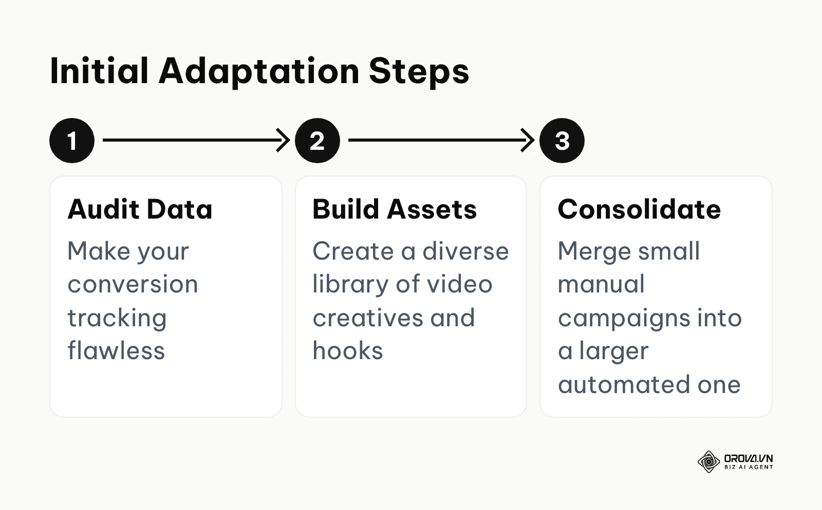 Process flow showing the three steps to adapt: Audit Data, Build Assets, and Consolidate.