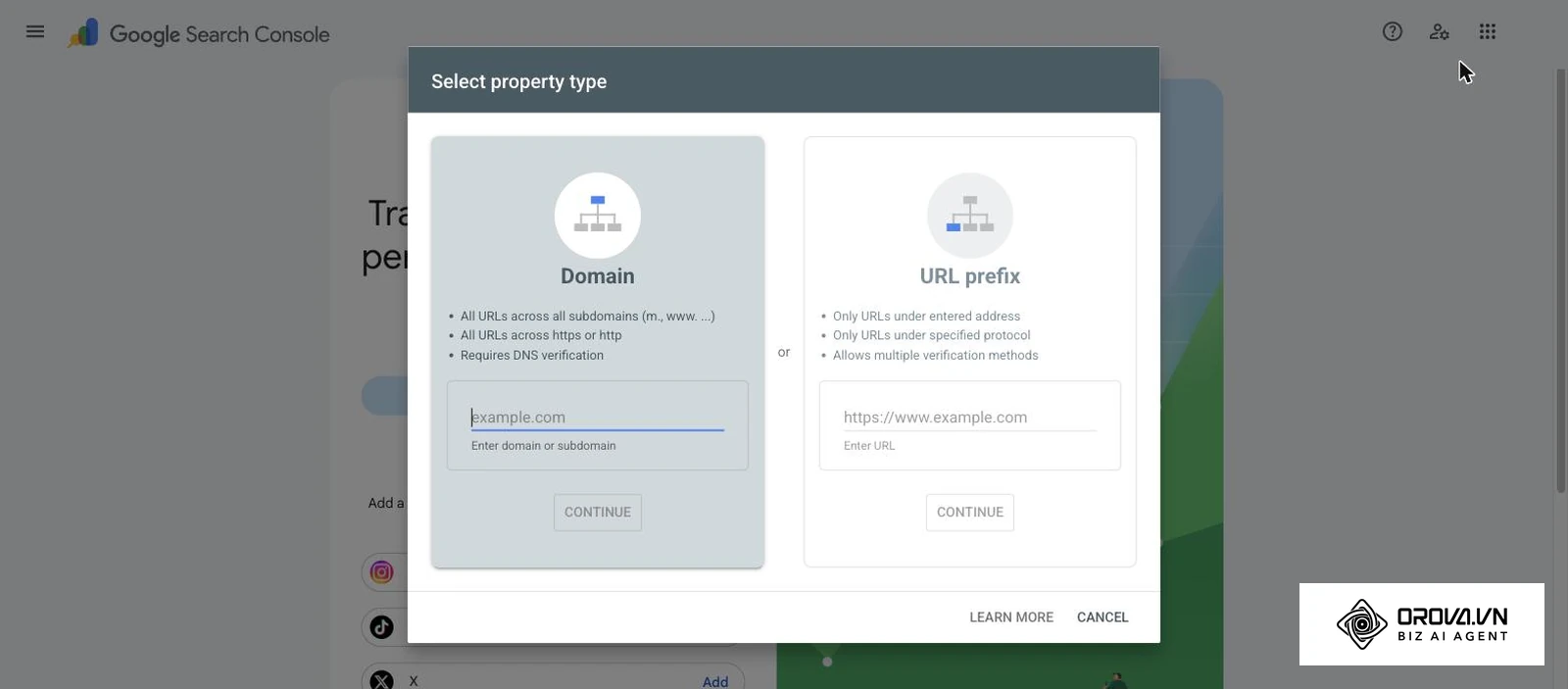 Search Console'da Mülk ekle penceresi: Alan adı (Domain) ve URL öneki (URL prefix) mülk türleri