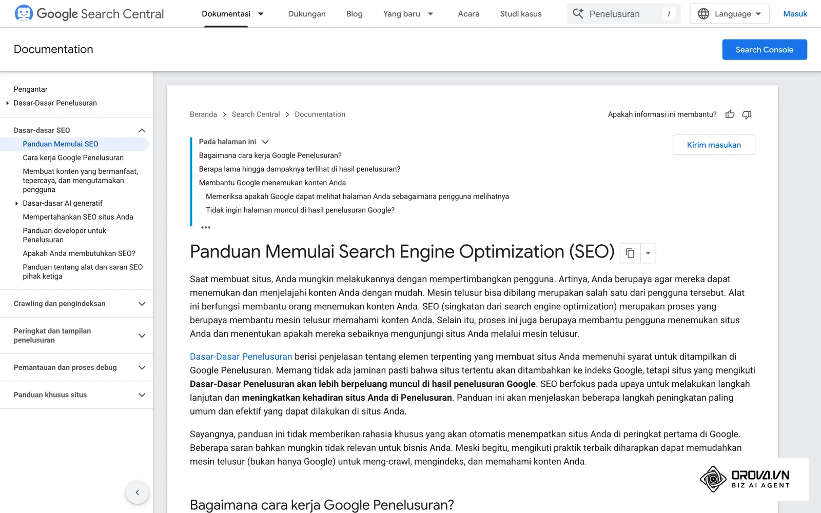 Panduan Pengoptimalan Mesin Telusur (SEO) untuk Pemula dari Google Search Central yang membahas judul, deskripsi, dan struktur halaman.