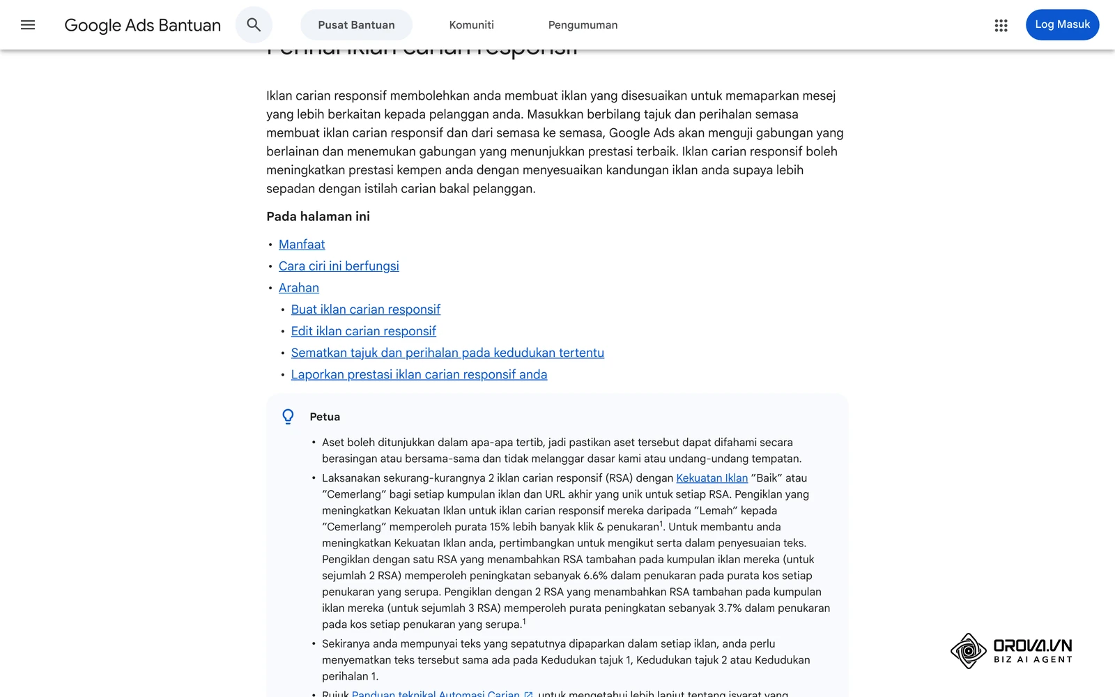 Halaman bantuan Google Ads tentang iklan carian responsif: tajuk, huraian dan Kekuatan iklan.