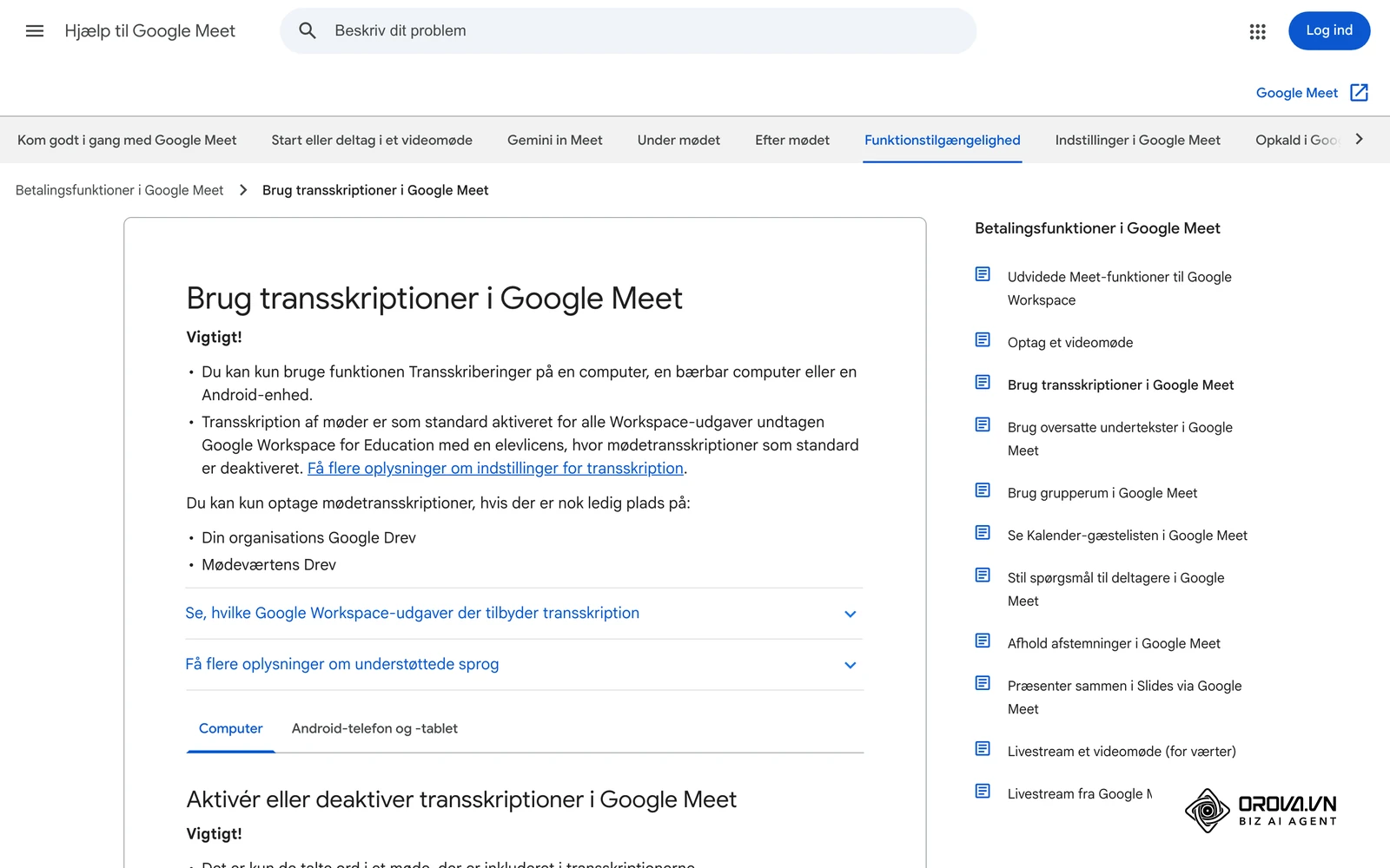 Google Meet Hjælp om transskriptioner: hvordan du starter og stopper en transskription, og hvilke sprog der understøttes.