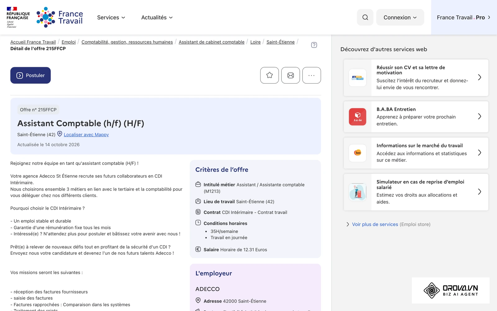 Une offre d'emploi réelle publiée sur le site de France Travail : intitulé, lieu, description du poste, profil, contrat et salaire.