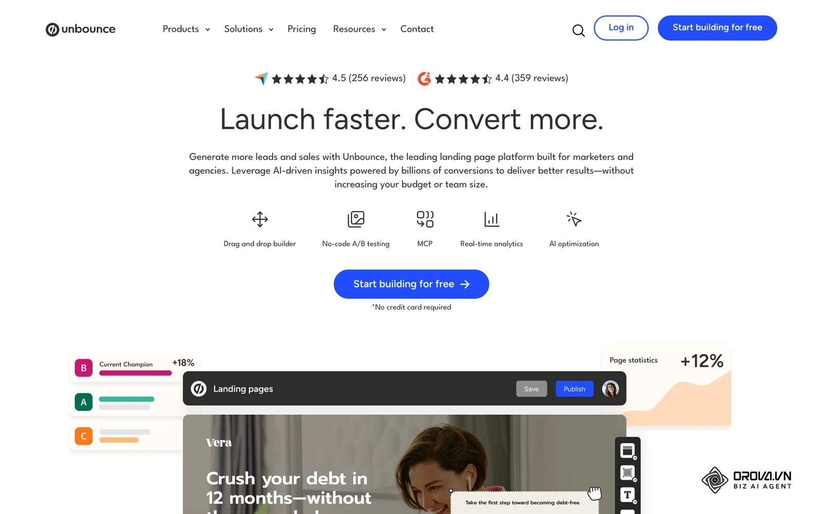 หน้าแรกของ Unbounce ซึ่งแสดงตัวอย่างการใช้ Headline ที่ชัดเจนและปุ่มหลักที่โดดเด่น