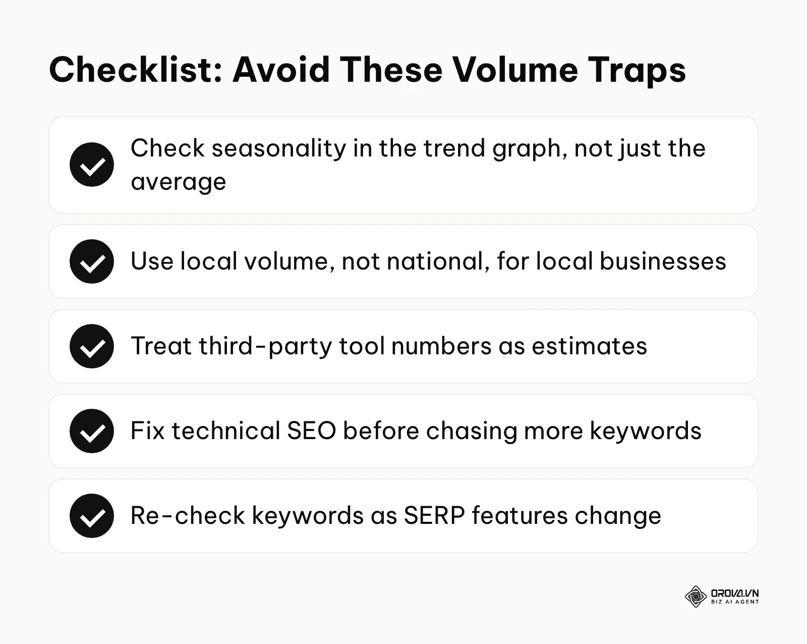A summary checklist of the most common mistakes made during keyword research.
