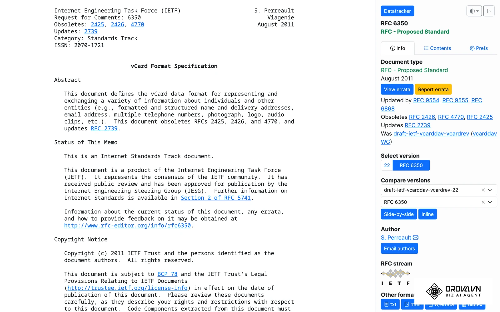 The IETF specification (RFC 6350) that defines the vCard format used in static contact QR codes.