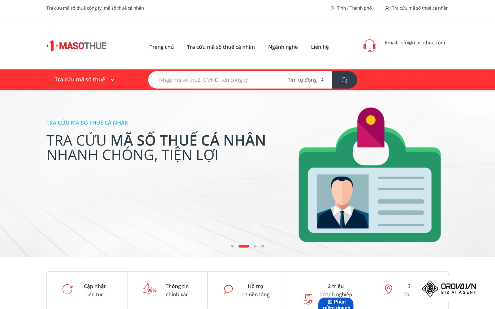 Trang tra cứu mã số thuế công khai masothue.com: gõ tên hoặc mã số thuế để xem địa chỉ, ngành nghề và tình trạng doanh nghiệp.