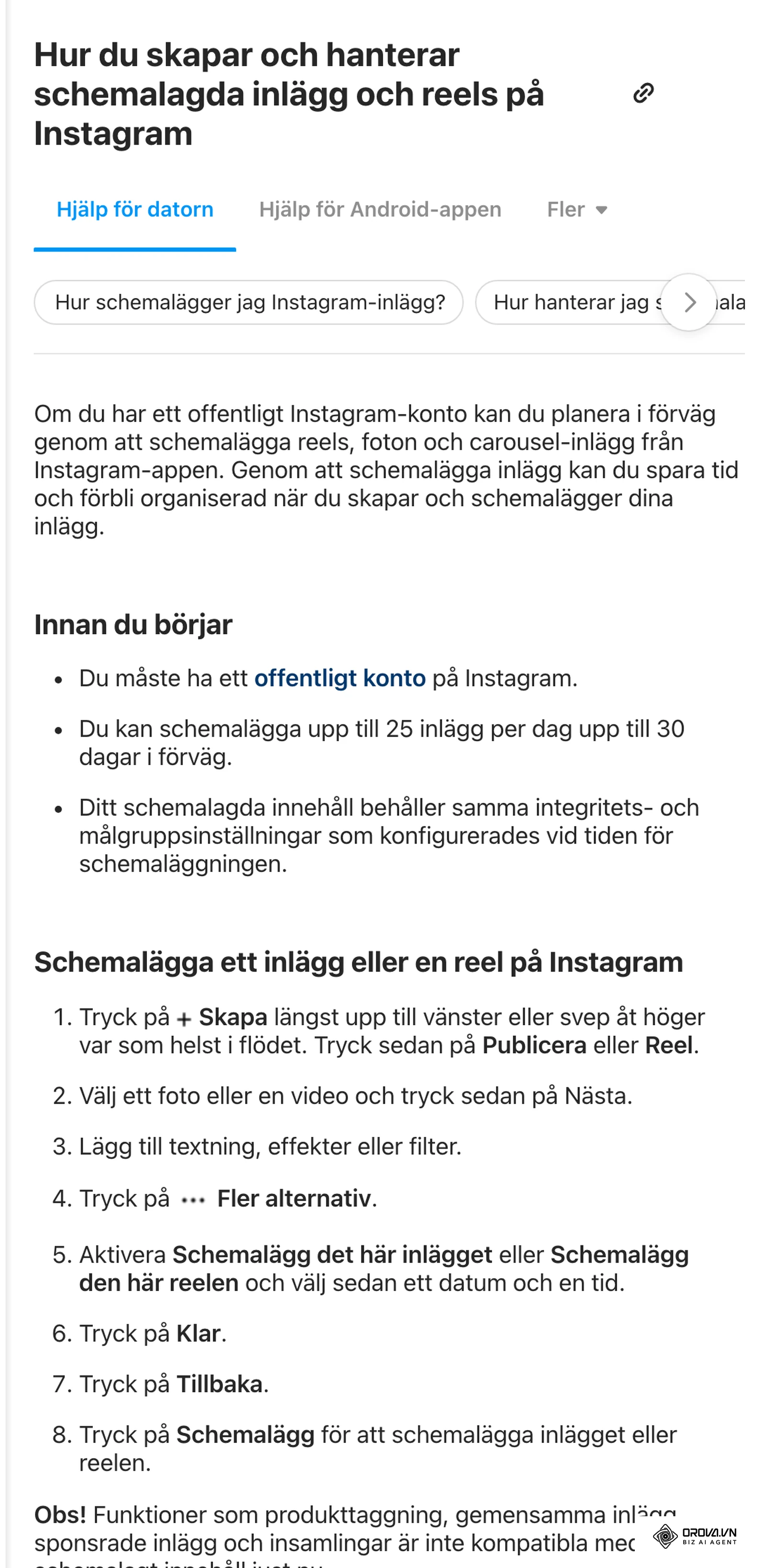 Instagrams hjälpcenter på svenska: Hur du skapar och hanterar schemalagda inlägg och reels på Instagram, med kraven offentligt konto, 25 inlägg per dag och 30 dagar i förväg samt de åtta stegen från + Skapa till Schemalägg.