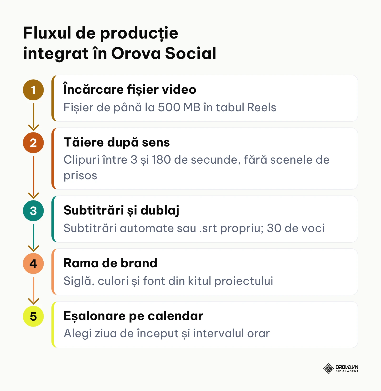 Diagrama procesului de transformare a unui fișier video în postări programate prin Orova Social.