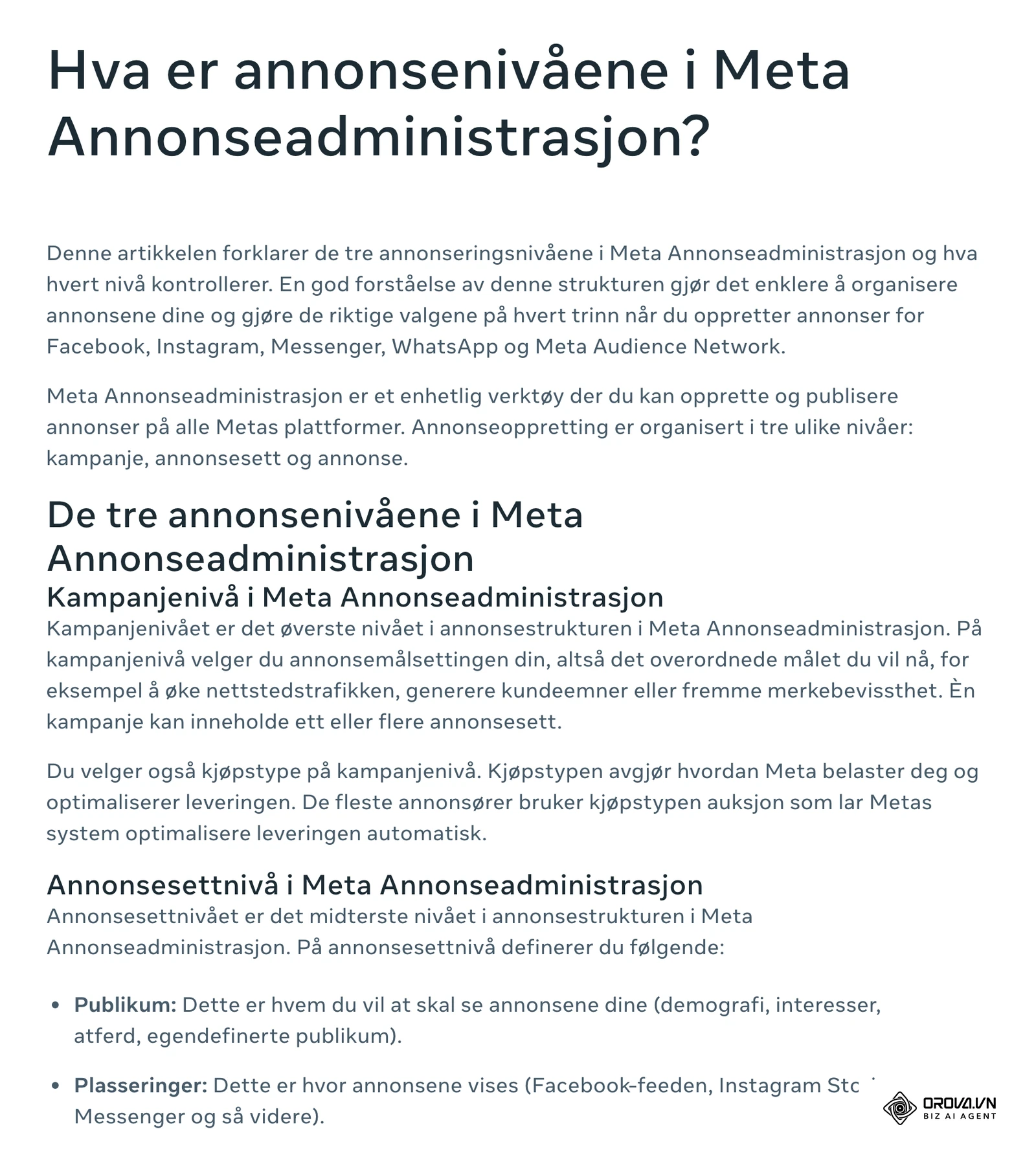 Metas hjelpesenter på bokmål, artikkelen «Hva er annonsenivåene i Meta Annonseadministrasjon?»: kampanje, annonsesett og annonse, med kampanjenivå og annonsesettnivå forklart
