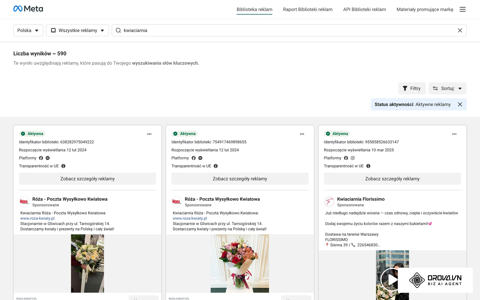 Biblioteka reklam Meta: aktywne reklamy polskich kwiaciarni po wyszukaniu słowa „kwiaciarnia” (kraj: Polska).