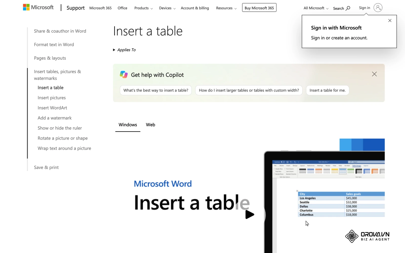 ទំព័រជំនួយ Microsoft Word អំពីការបញ្ចូលតារាង ដែលអាចប្រើរៀបចំ JD ទ្វេភាសាជាពីរជួរ។