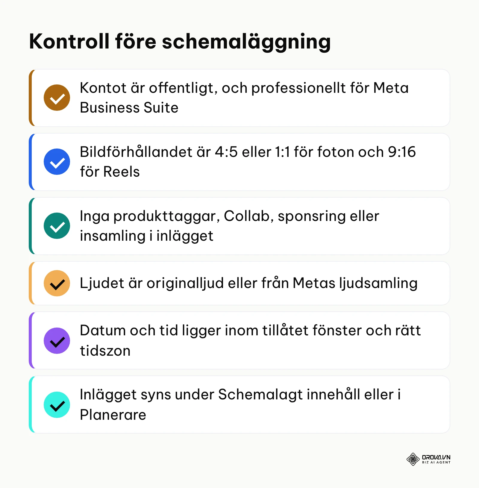 Kontrollista med sex punkter att gå igenom innan ett Instagram-inlägg schemaläggs.