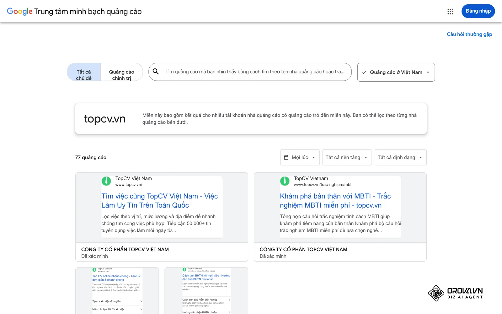 Quảng cáo tuyển dụng thật của TopCV trên Trung tâm minh bạch quảng cáo Google, khu vực Việt Nam: tin tuyển dụng hiển thị cho ứng viên trông như thế này.