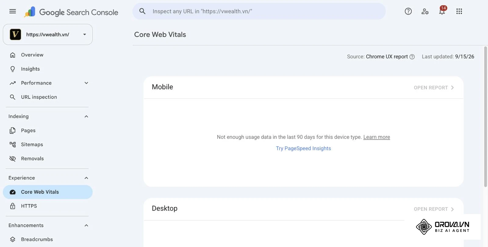 ລາຍງານ Core Web Vitals ຂອງ vwealth.vn ໃນ Search Console ແຈ້ງວ່າຂໍ້ມູນການໃຊ້ງານ 90 ວັນບໍ່ພຽງພໍ ແລະ ແນະນຳໃຫ້ໃຊ້ PageSpeed Insights