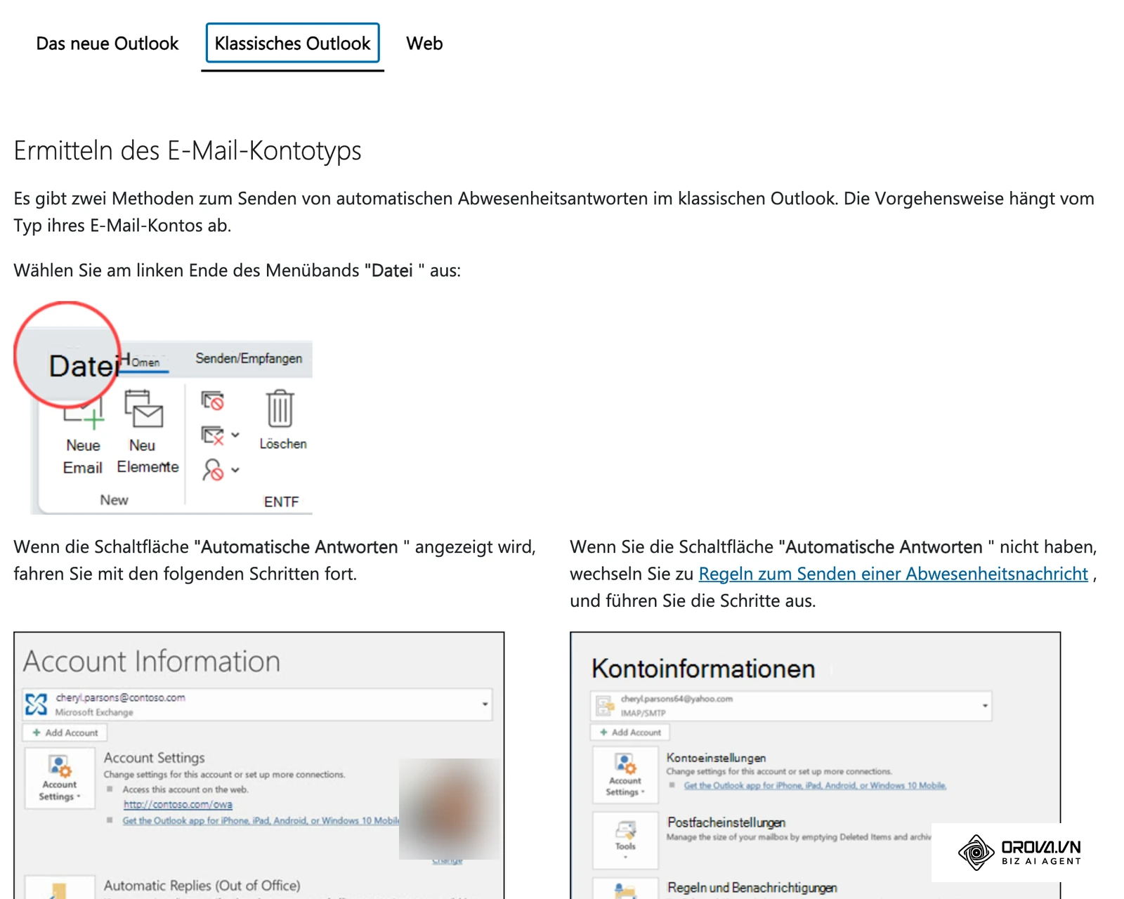 Deutsche Microsoft-Hilfe, Registerkarte Klassisches Outlook: Datei im Menüband und Kontoinformationen mit Kontotyp Microsoft Exchange oder IMAP/SMTP.