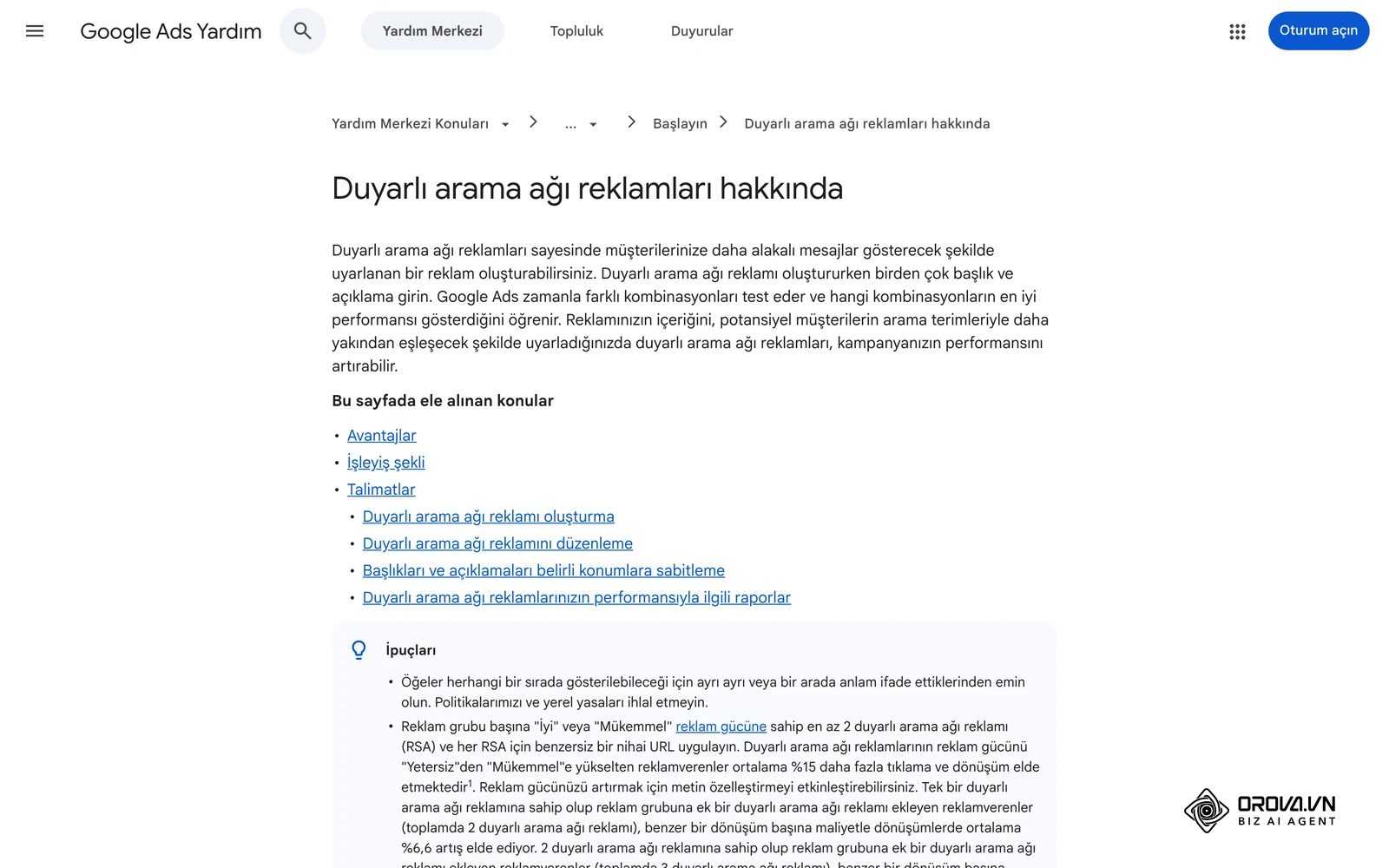 Google Ads Yardım Merkezi'nin Türkçe "Duyarlı arama ağı reklamları hakkında" sayfası.