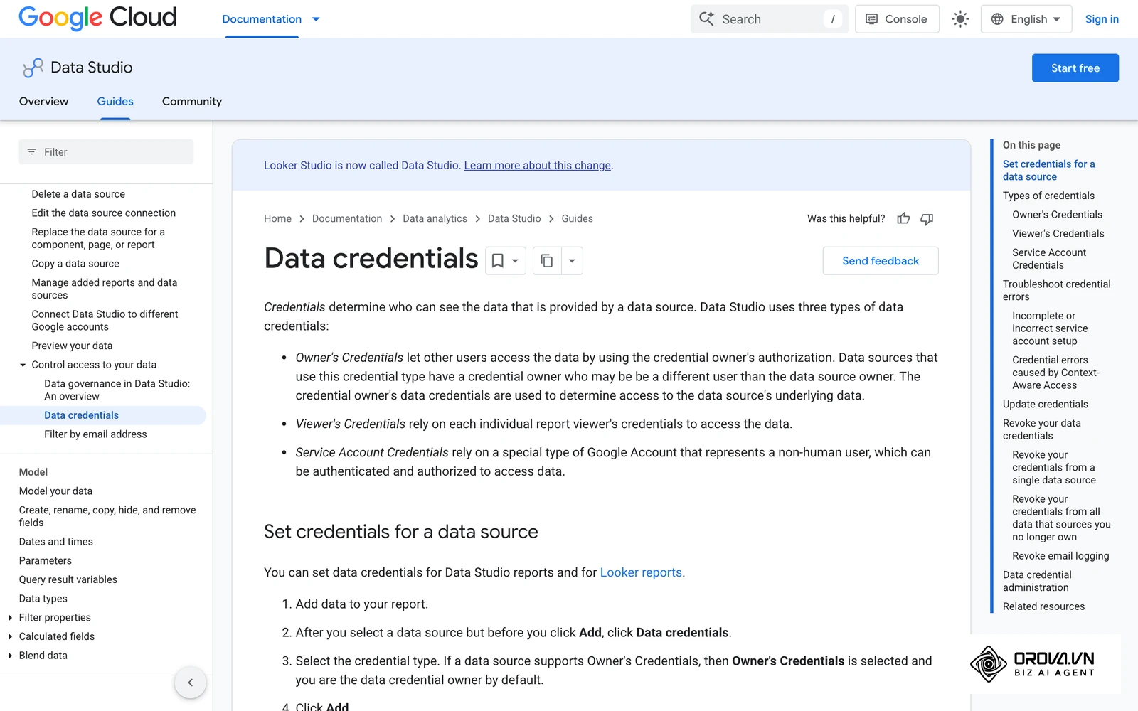 Google's help page on Owner's and Viewer's data credentials.