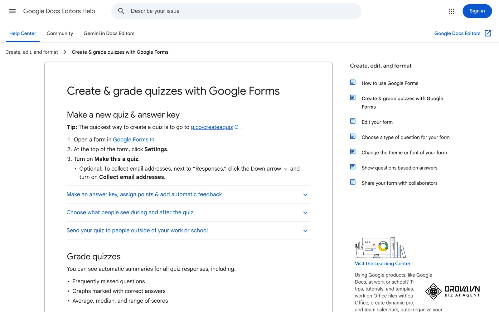 Google Forms yordam sahifasi: baholanadigan test yaratish va javob kalitini belgilash. Oraliq va yakuniy testlarni shu kabi vosita bilan tayyorlash mumkin.