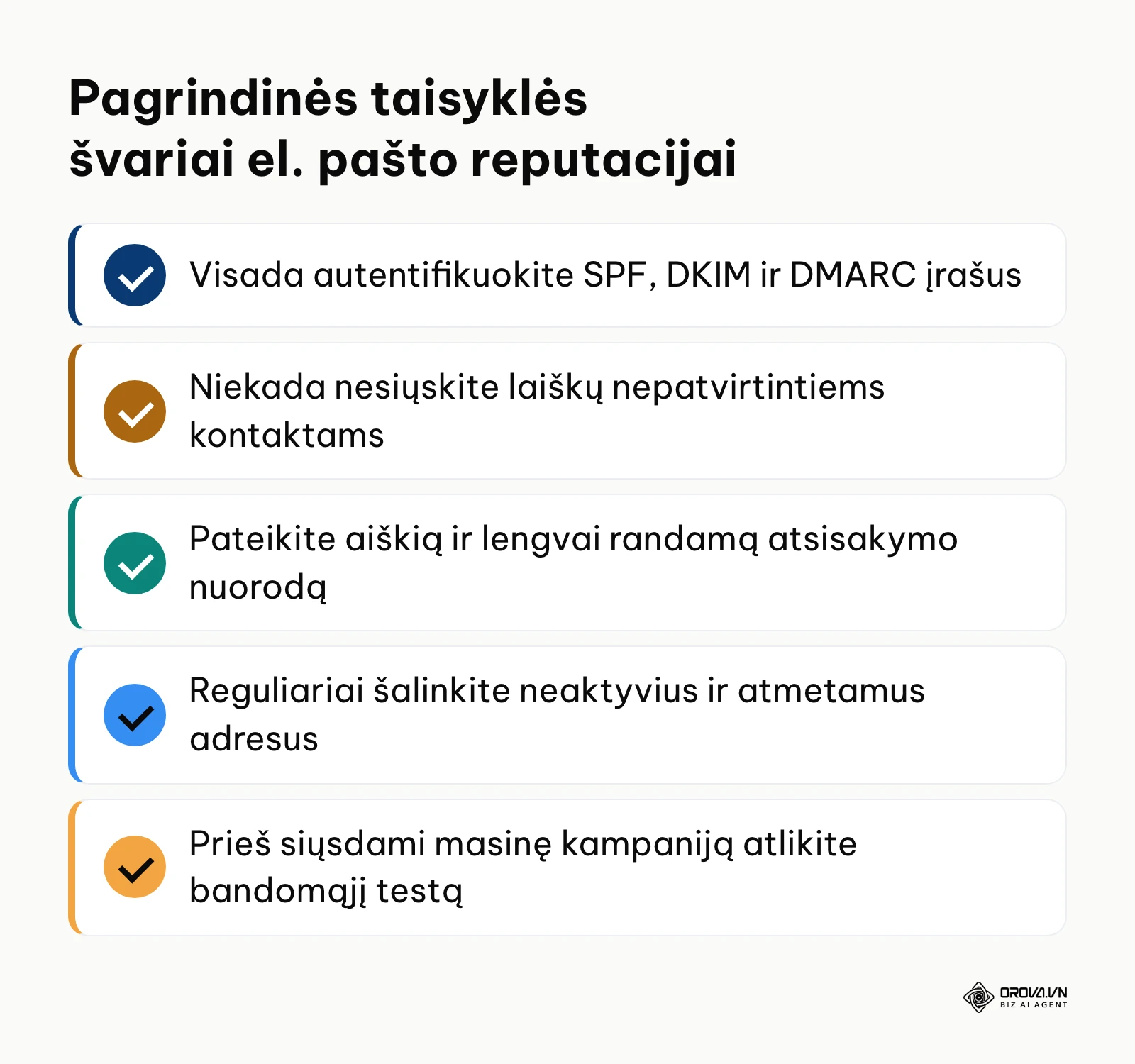 Kontrolinis sąrašas su pagrindinėmis taisyklėmis el. pašto reputacijai ir pristatomumui palaikyti.