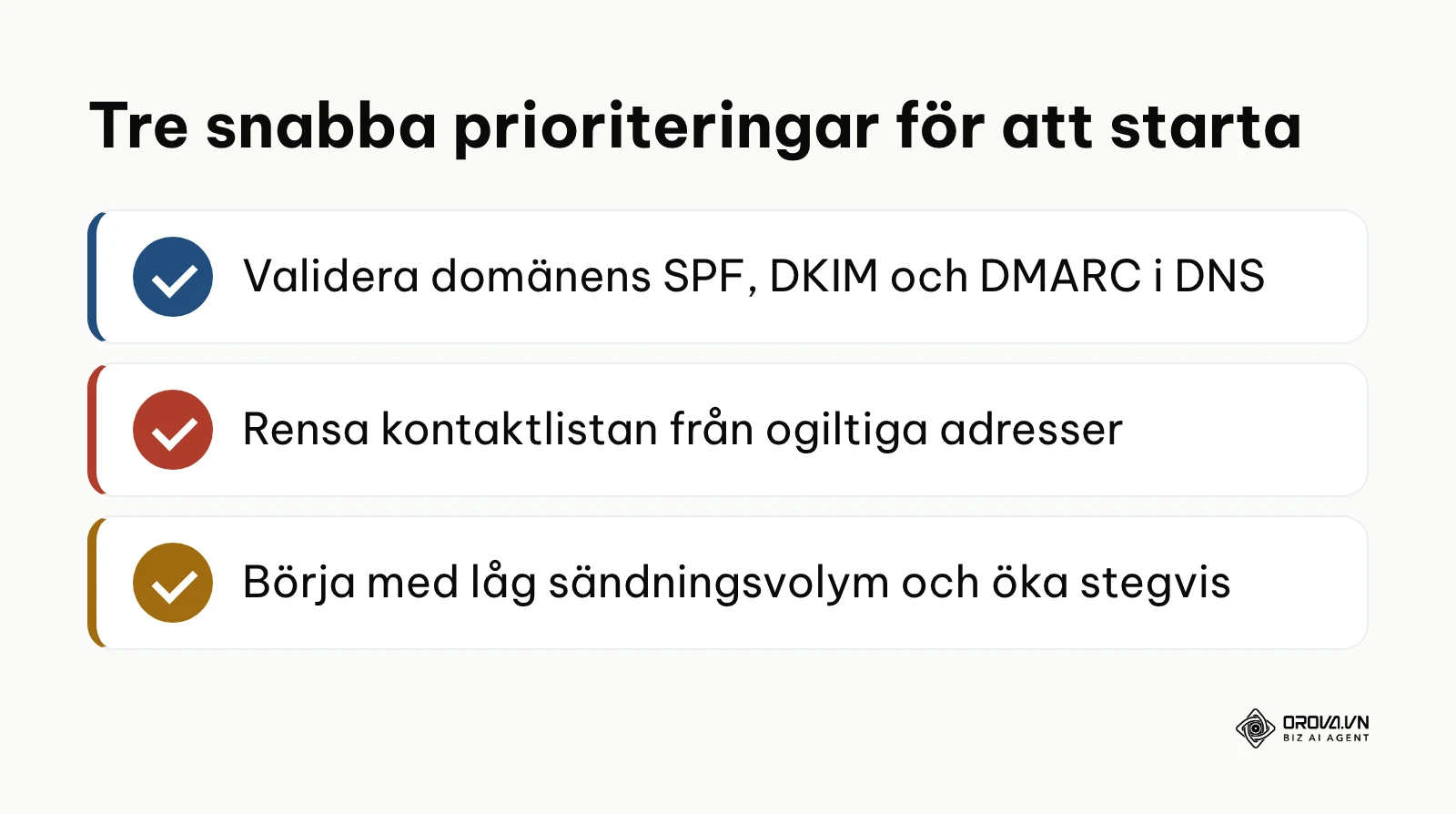 Sammanfattande checklista med de tre viktigaste startåtgärderna inom e-postmarknadsföring.