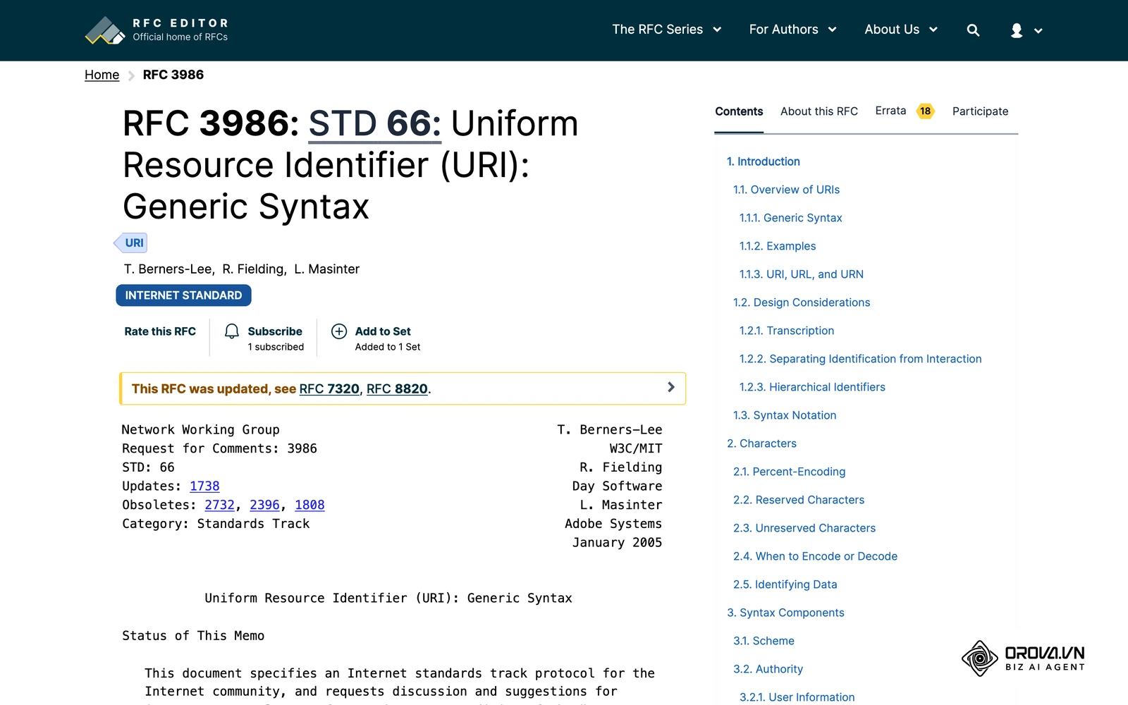 RFC 3986 defines the generic syntax of URLs, the text most QR codes carry.