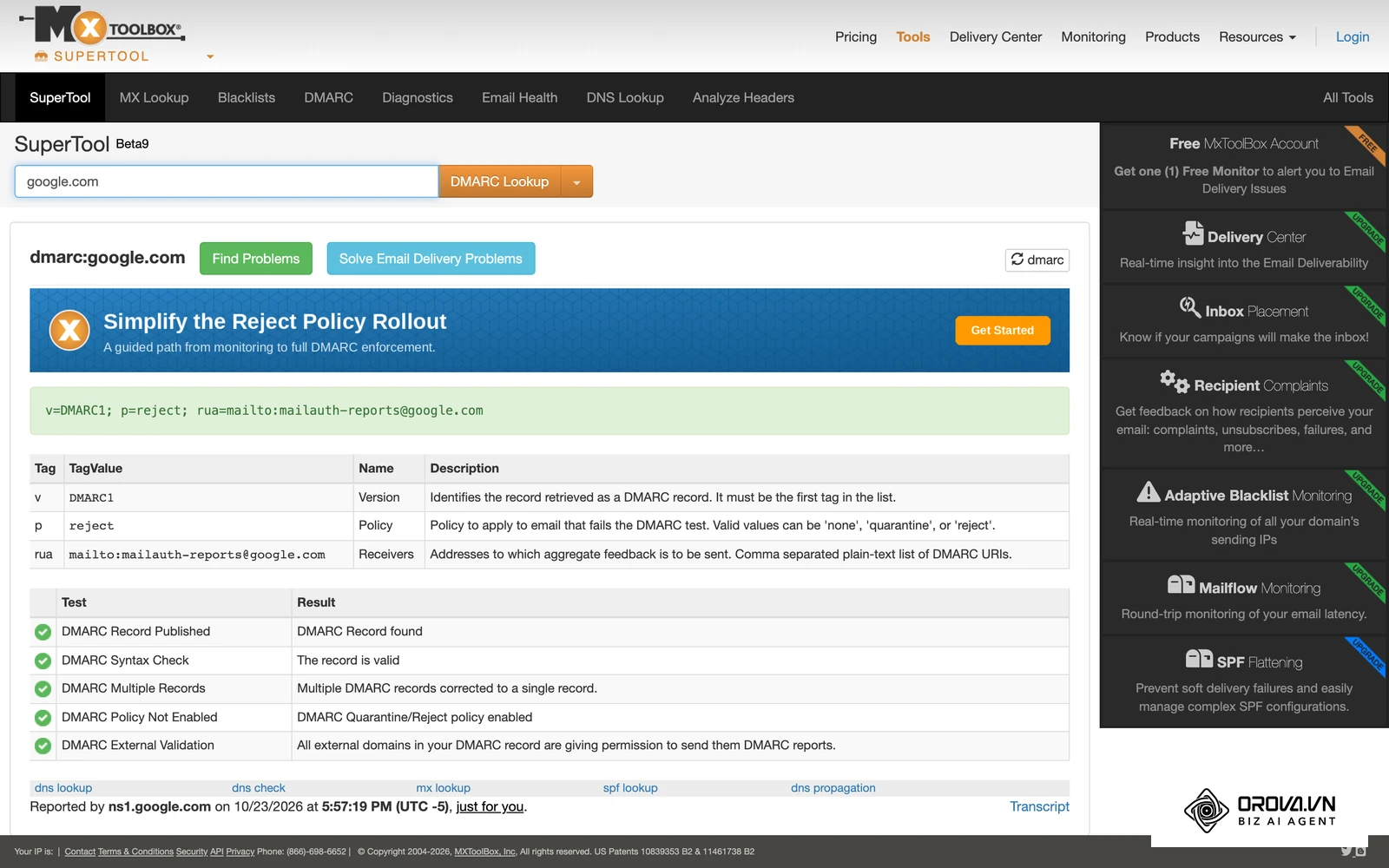 MXToolbox DMARC Lookup pre doménu google.com: nástroj zobrazí nájdený záznam DMARC, jeho politiku a výsledky kontrol.
