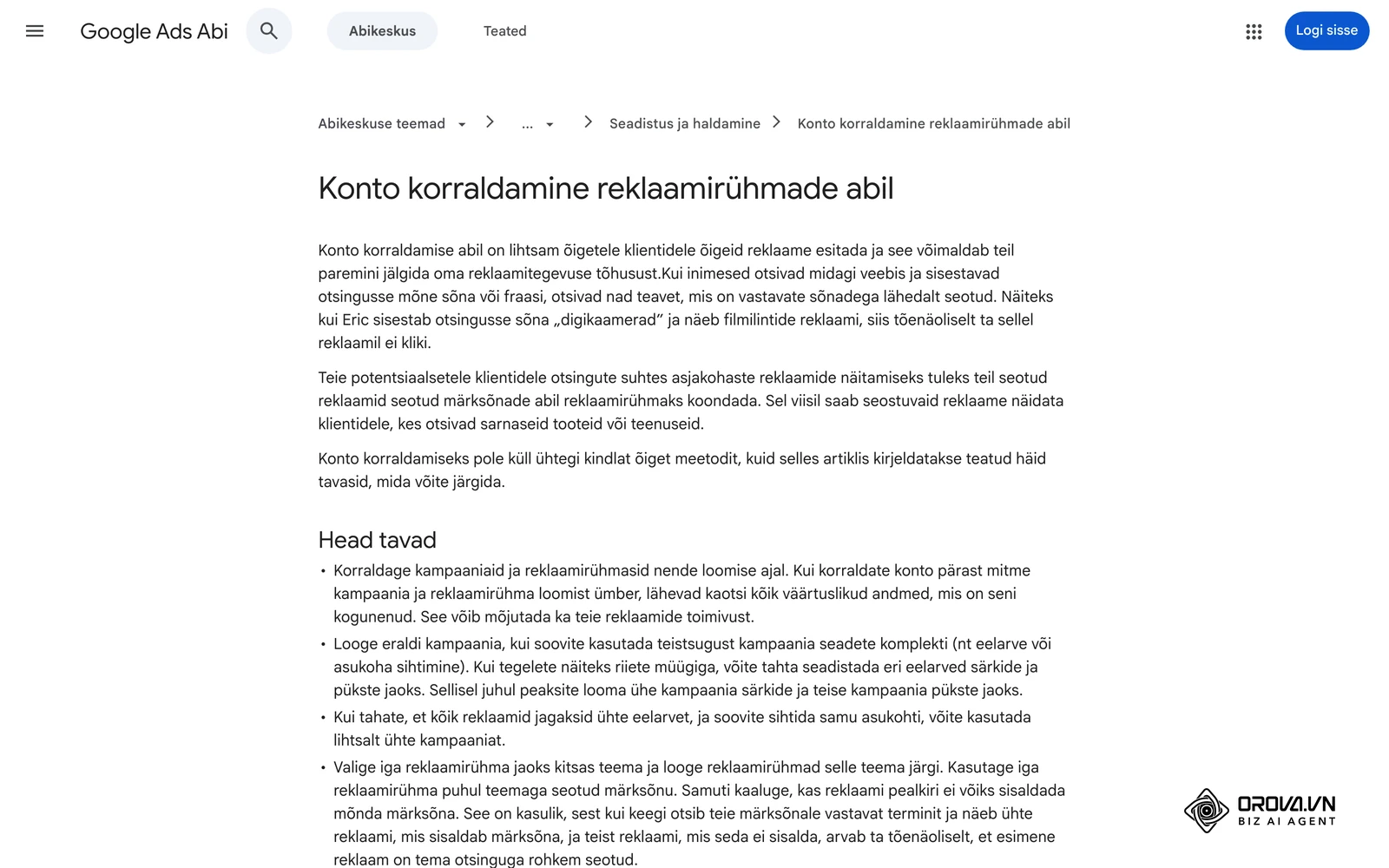 Google Adsi abikeskus eesti keeles: konto korraldamine kampaaniate ja reklaamirühmade abil.