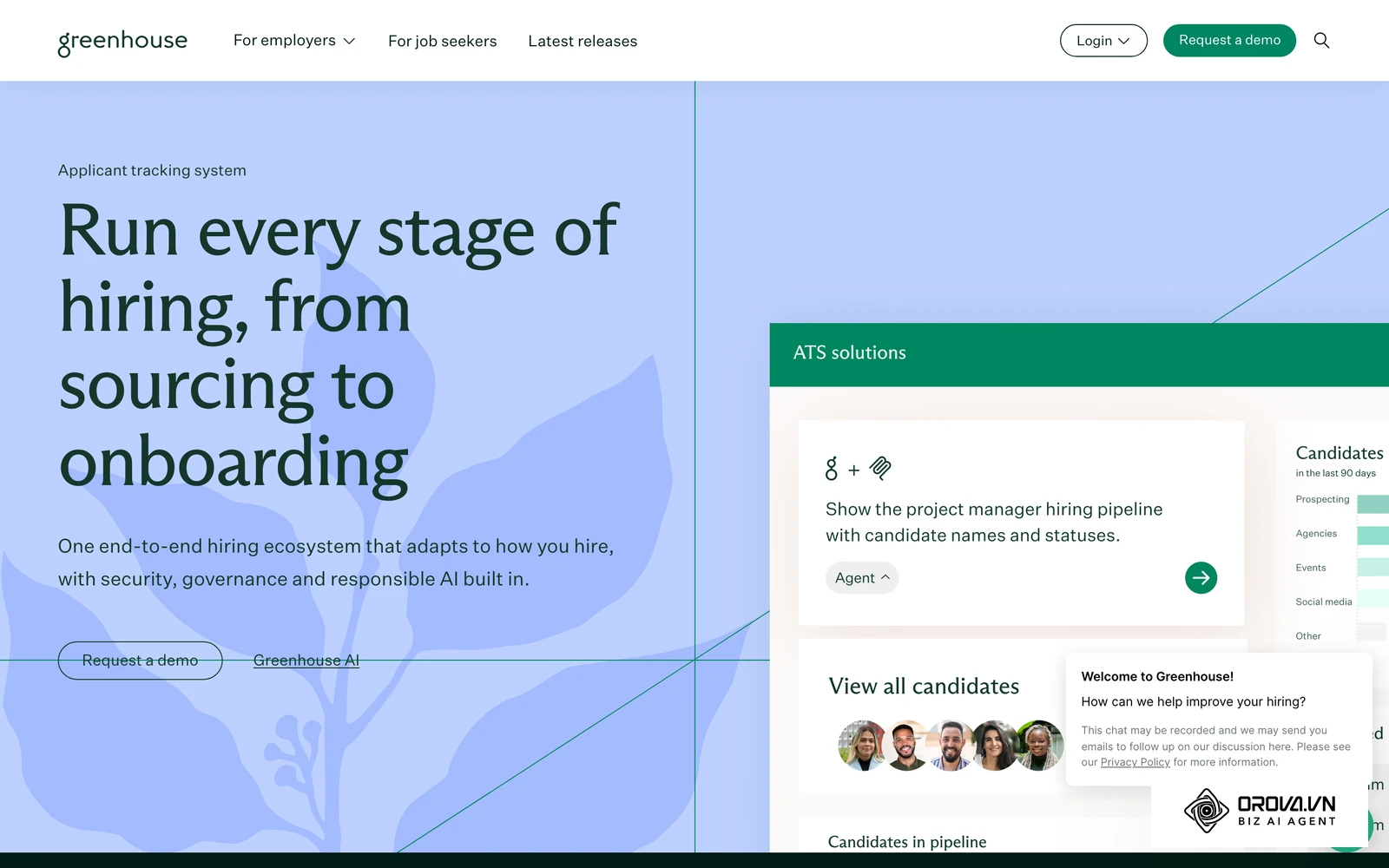 Officiële productpagina van het applicant tracking system van Greenhouse, met voorbeelden van de kandidaatpipeline per vacature.